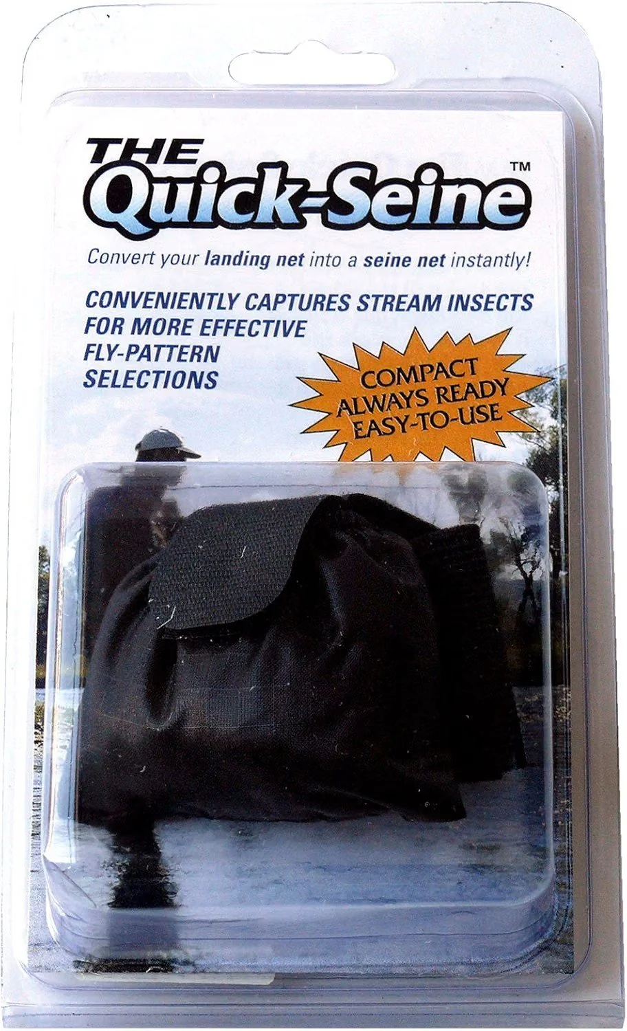 Packaging for 'The Quick-Seine' stream insect capture device, with a black fabric trap inside