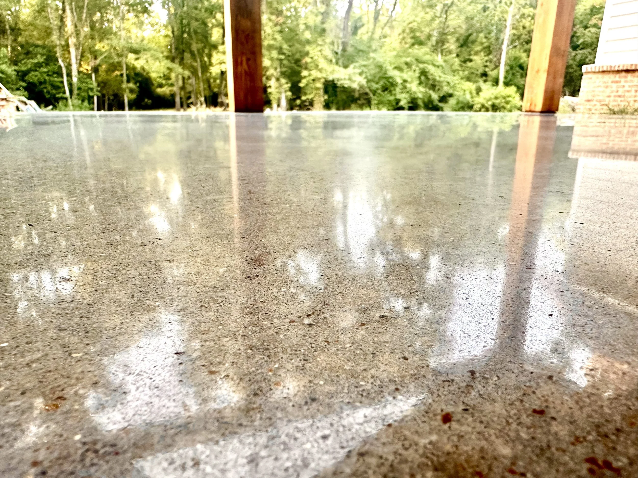 Close-up view of a polished concrete floor with reflections of the surrounding environment, including trees and wooden beams, outdoors during daytime.