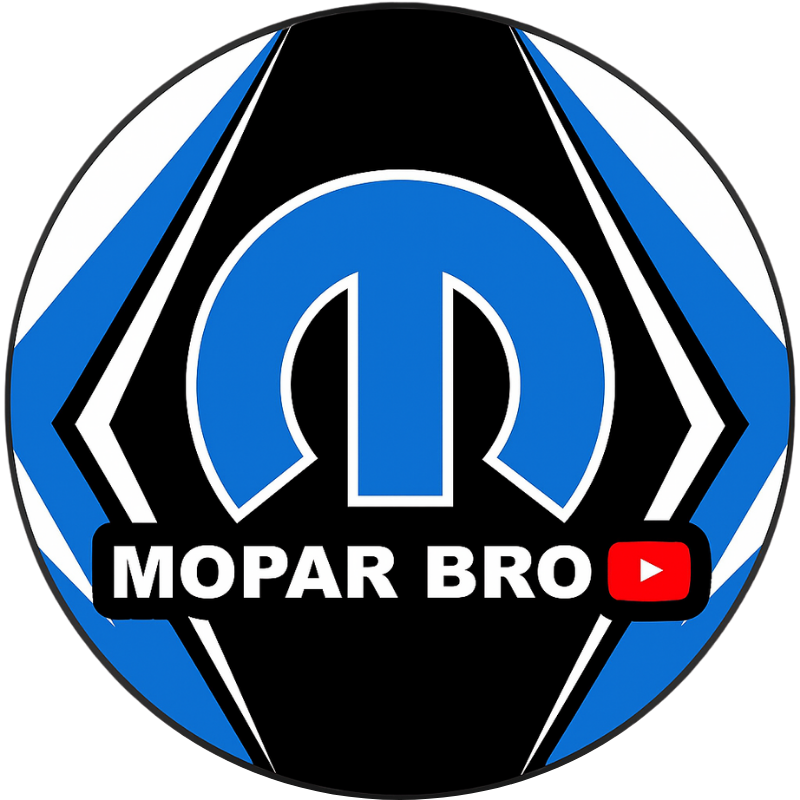 Logo with a blue Mopar emblem, black background, and the text 'MOPAR BRO' along with a red YouTube icon. Mopar Bro Youtube Channel Logo