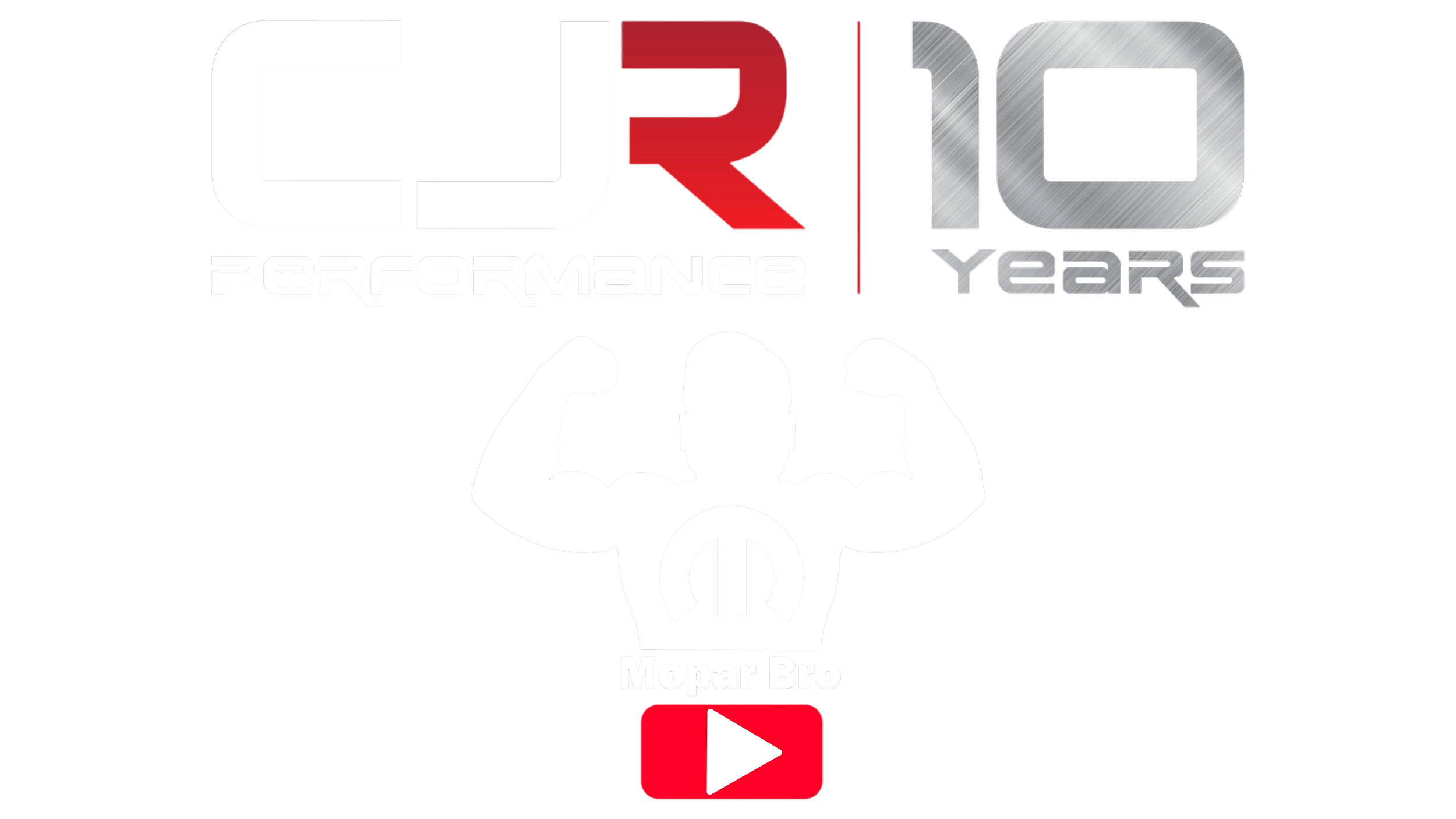 CJR Performance Celebration image marking 10 years of performance for Mopar Bro, featuring a muscular figure with flexed arms, the Mopar logo on the chest, and a play button in the bottom center.