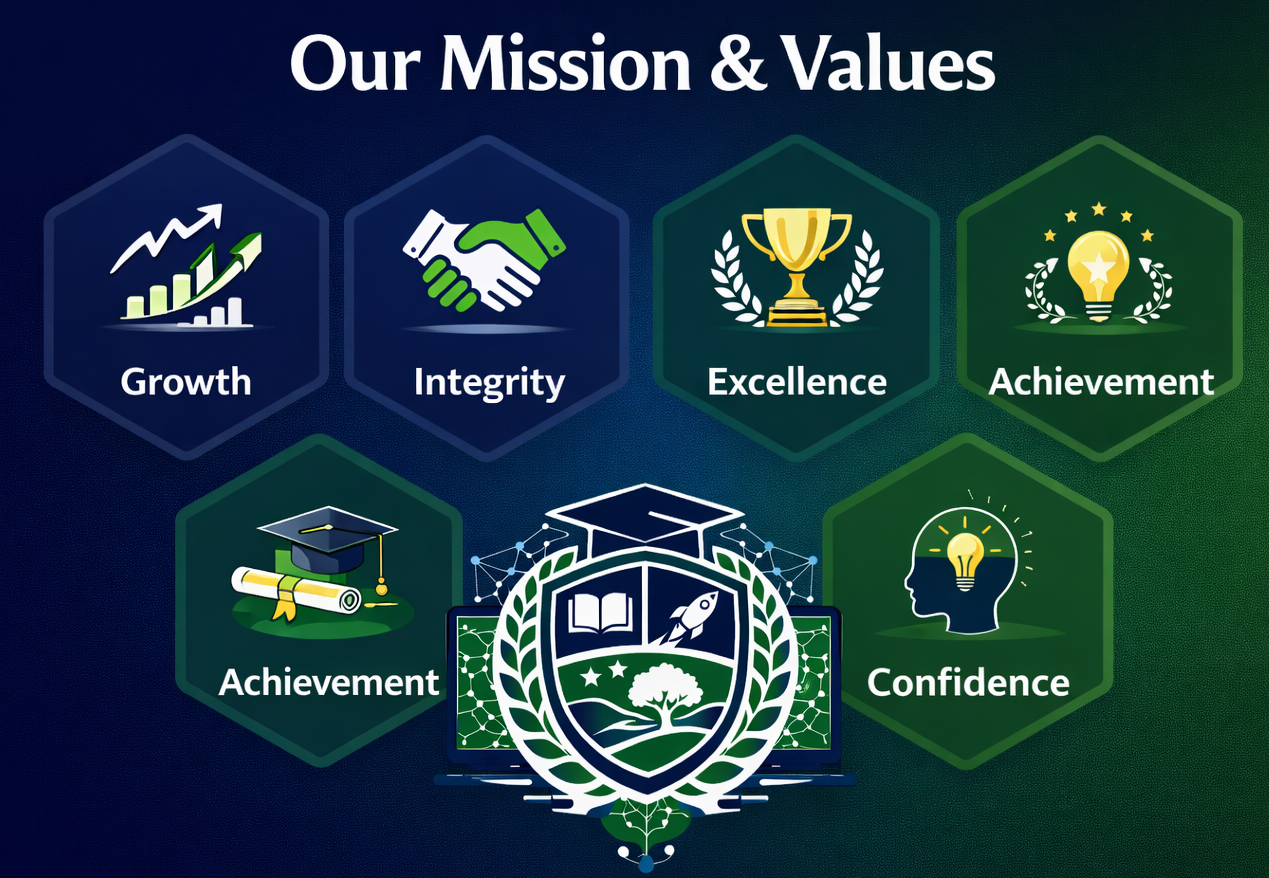 Graphic titled "Our Mission & Values" showing icons and words for Growth, Integrity, Excellence, Achievement, Confidence, and Achievement, with a central emblem featuring a shield, book, rocket, and tree.
