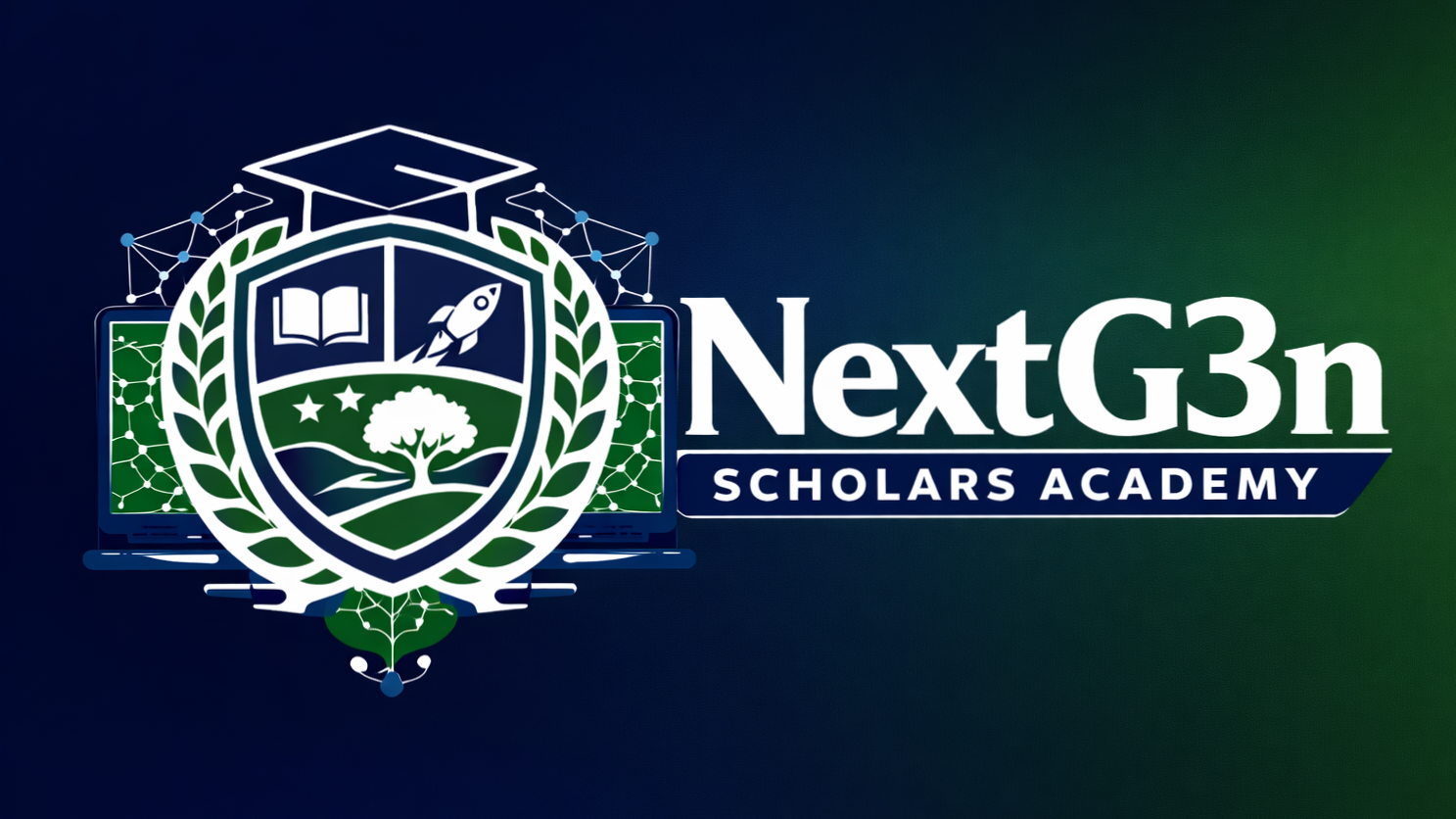 Logo for NextG3n Scholars Academy featuring a shield with a book, rocket, tree, and stars, surrounded by a laurel wreath, set against a digital network background.