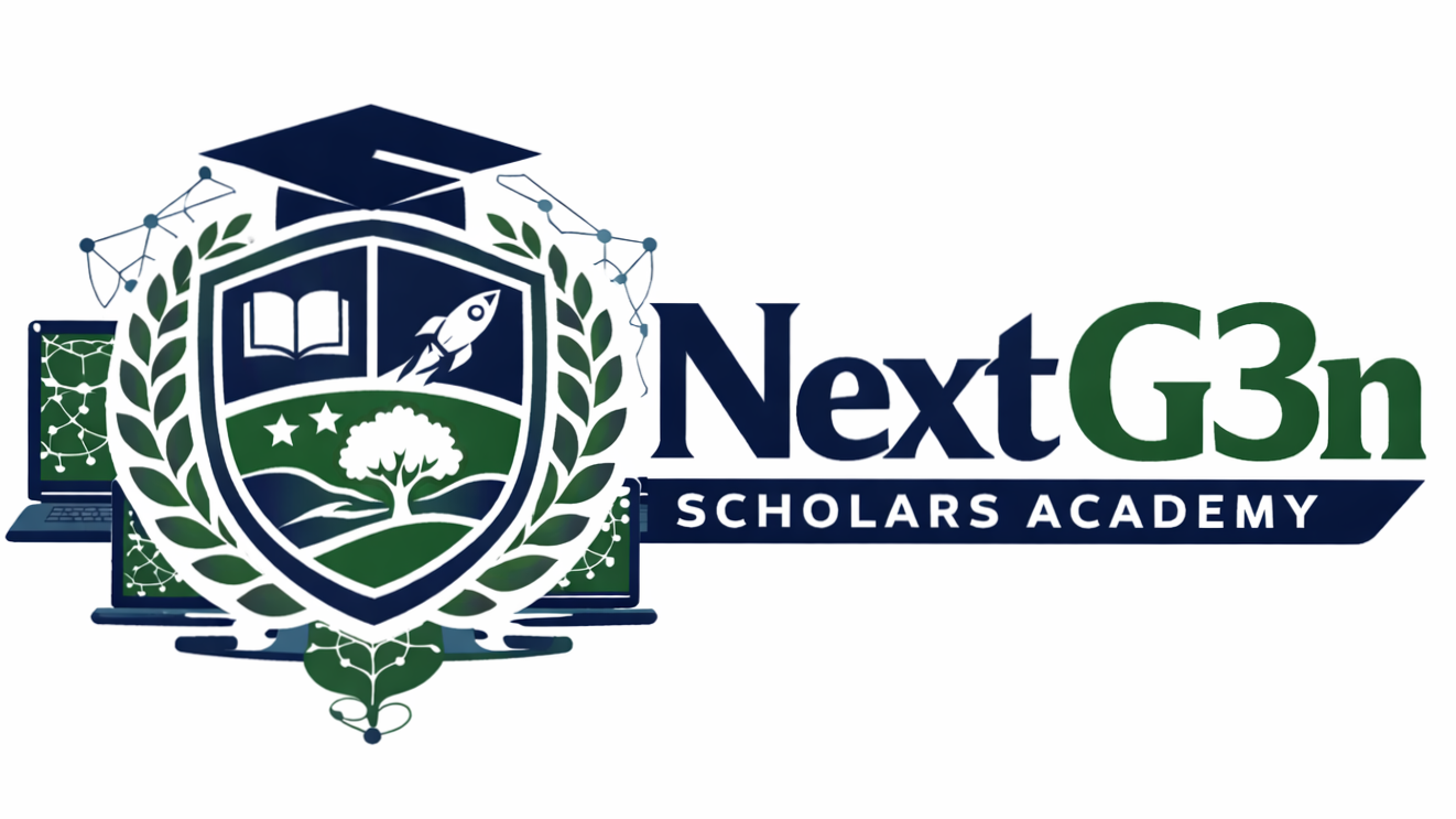 Logo of NextG3n Scholars Academy featuring a shield with a laurel wreath, a book, a rocket, and a tree, surrounded by computer laptops and connected network symbols.