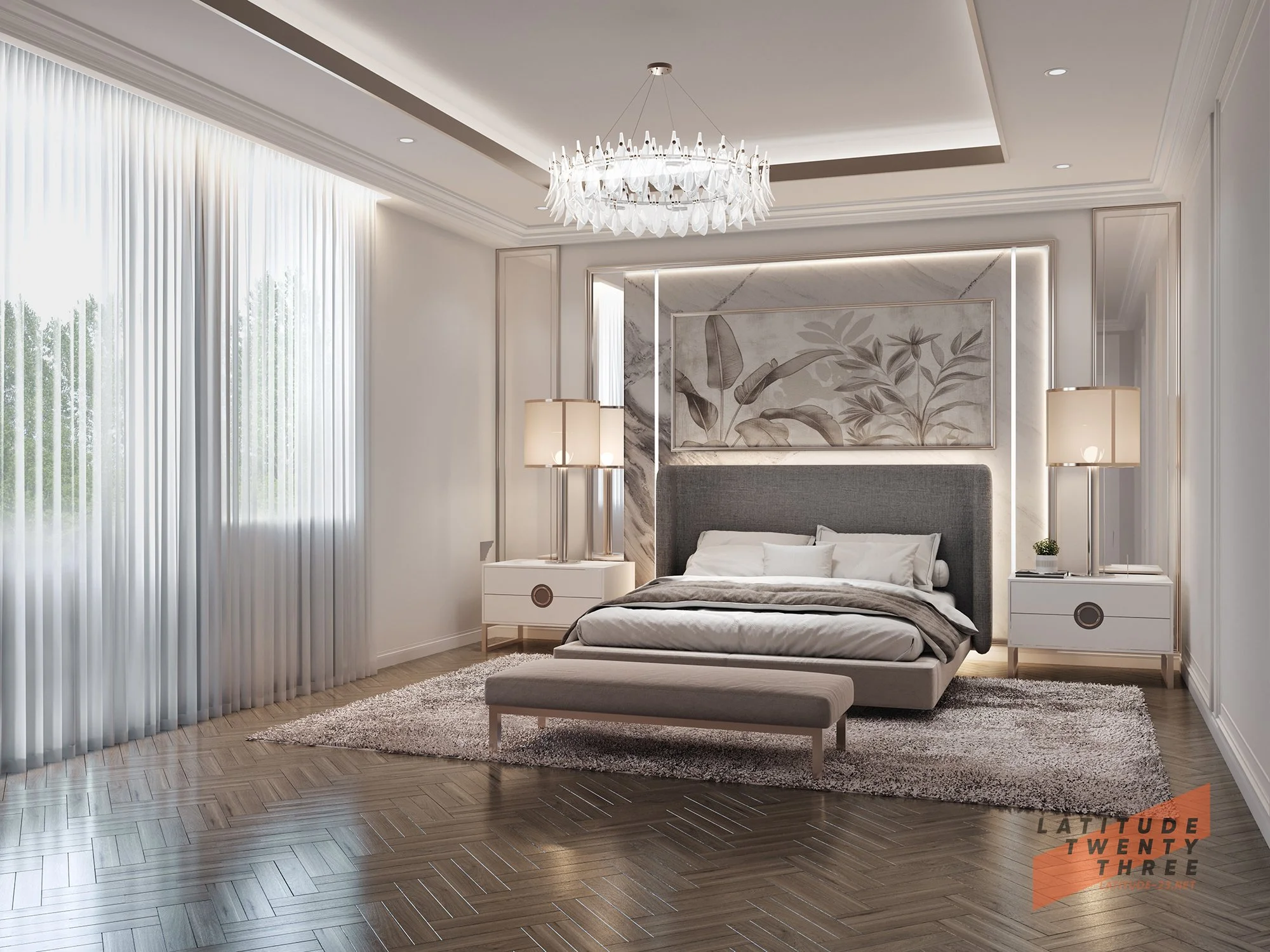 Modern bedroom with a large bed, gray upholstered headboard, white bedding, two white nightstands with lamps, a beige bench at the foot of the bed, a decorative art piece with leaves on the wall, large windows with sheer white curtains, and hardwood floors.