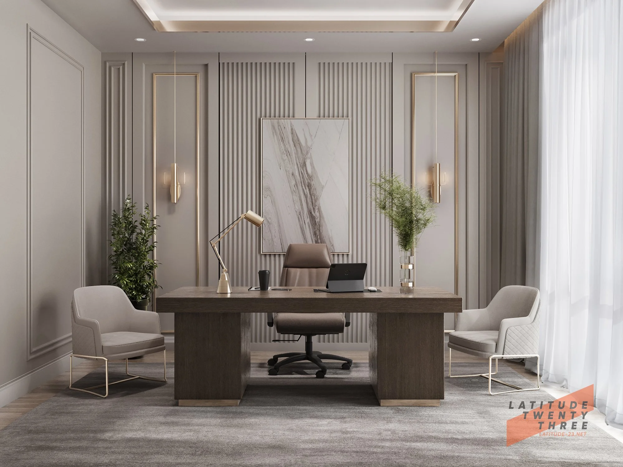 Modern executive office with a desk, beige chair, two white armchairs, plants, and wall art.
