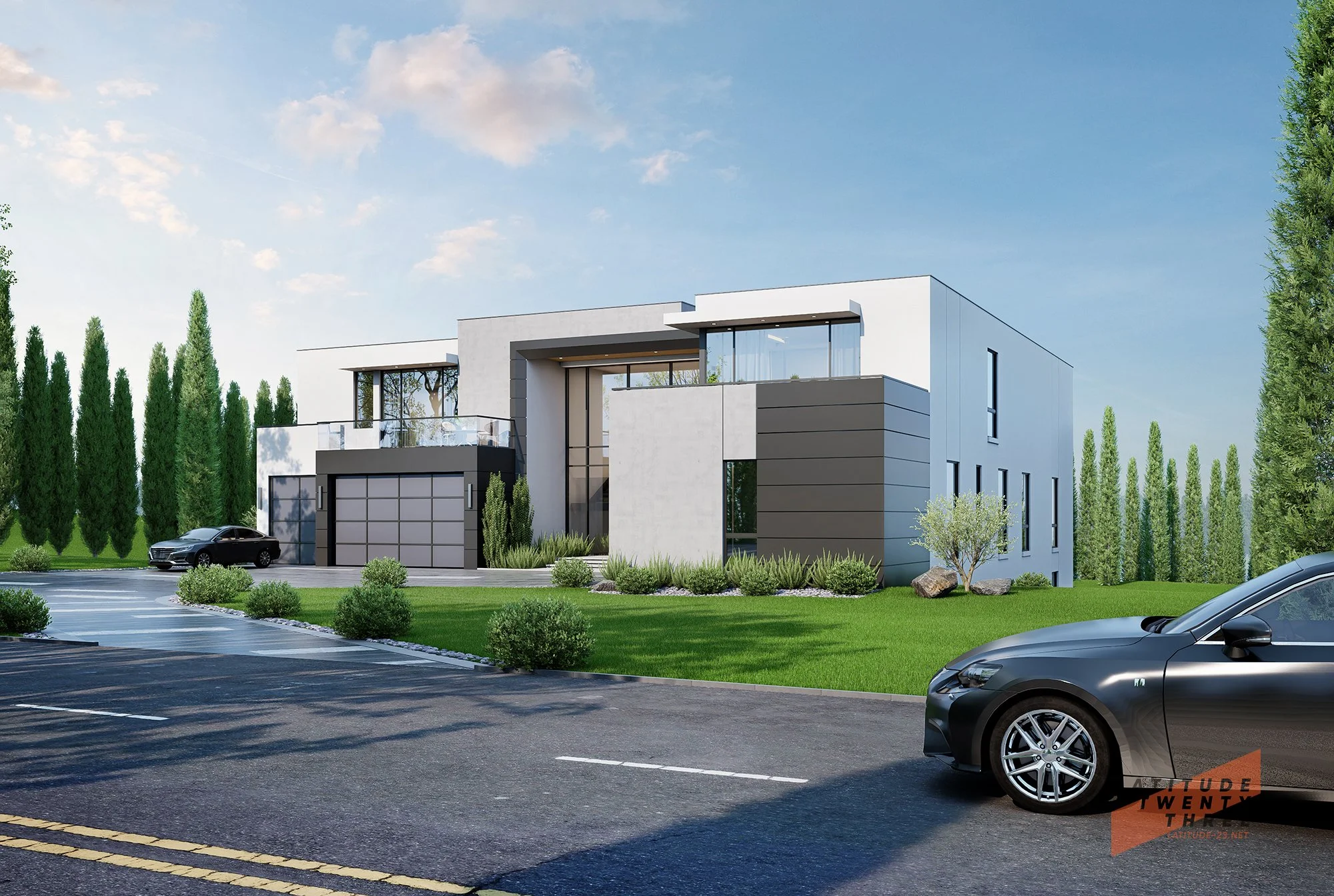 Modern two-story house with gray, white, and black exterior, large glass windows, and a spacious driveway with two dark-colored cars parked on it. The house is surrounded by well-manicured lawn and tall green trees.