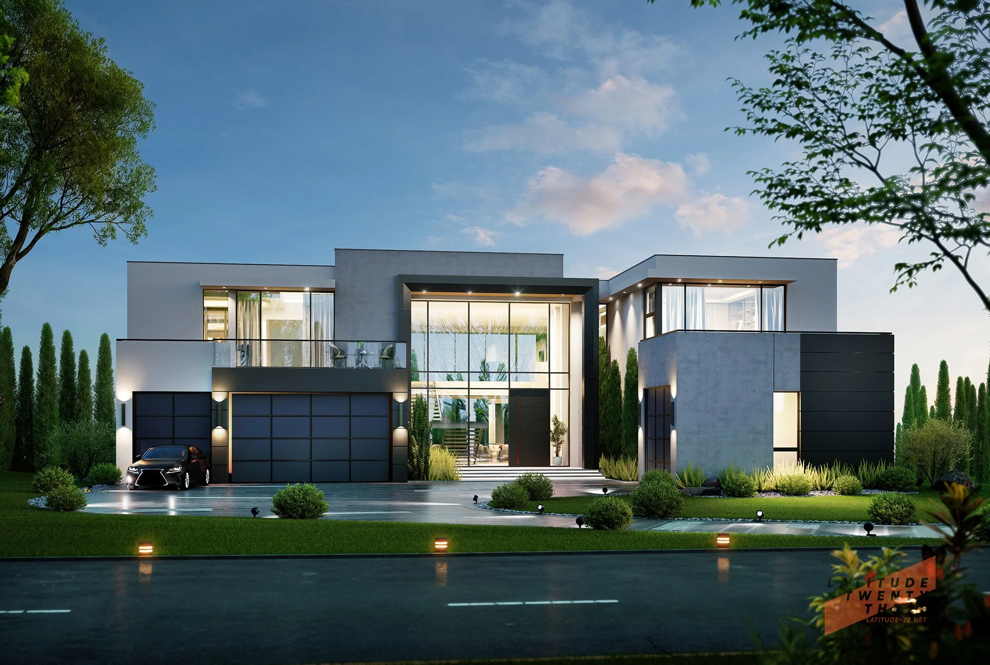 Modern two-story house with large glass windows, black garage doors, and a front yard with small bushes, trees, and lighting, during dusk or early evening.