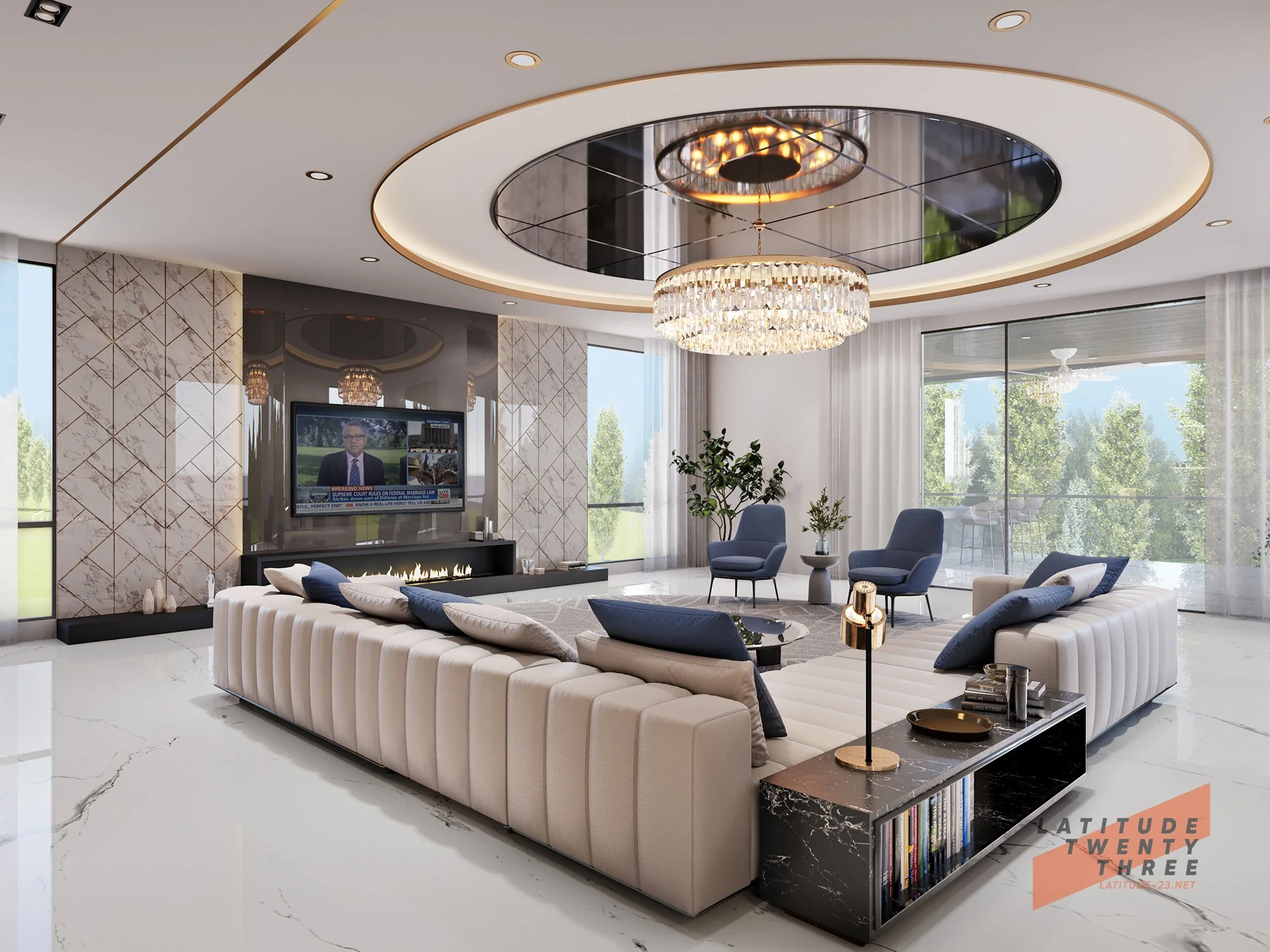 Modern living room with white sectional sofa, black marble side table, blue and beige pillows, and a fireplace. Two blue armchairs and a potted plant are near large windows with sheer curtains. A flat-screen TV is mounted on a wall with patterned tile, and a large chandelier hangs from the ceiling.