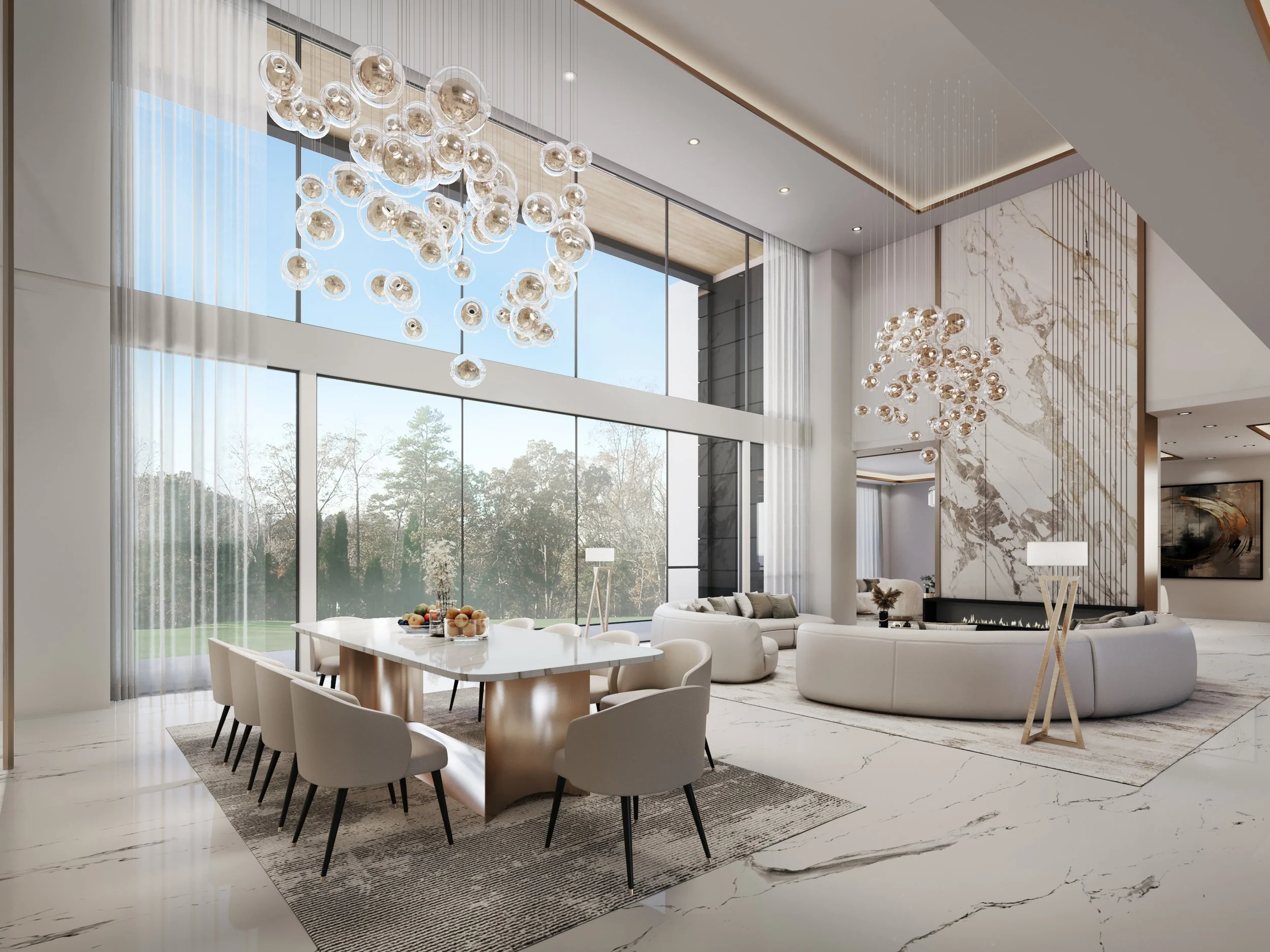 Luxurious living room with large floor-to-ceiling windows, modern chandelier, white sofas, and a marble accent wall.