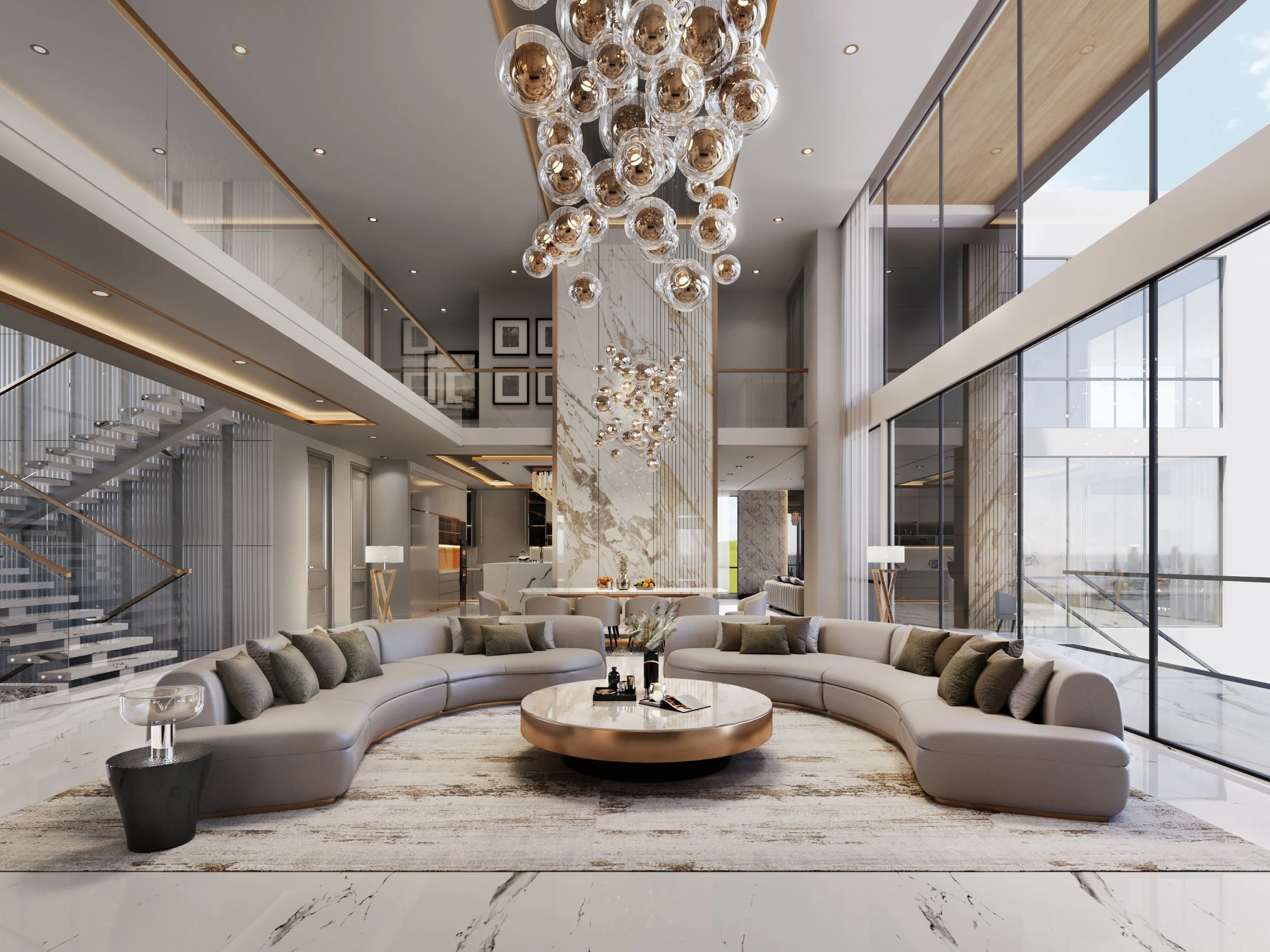 Modern living room with large curved beige sofa, glass coffee table, high ceilings, floor-to-ceiling windows, and a chandelier with multiple glass orbs.