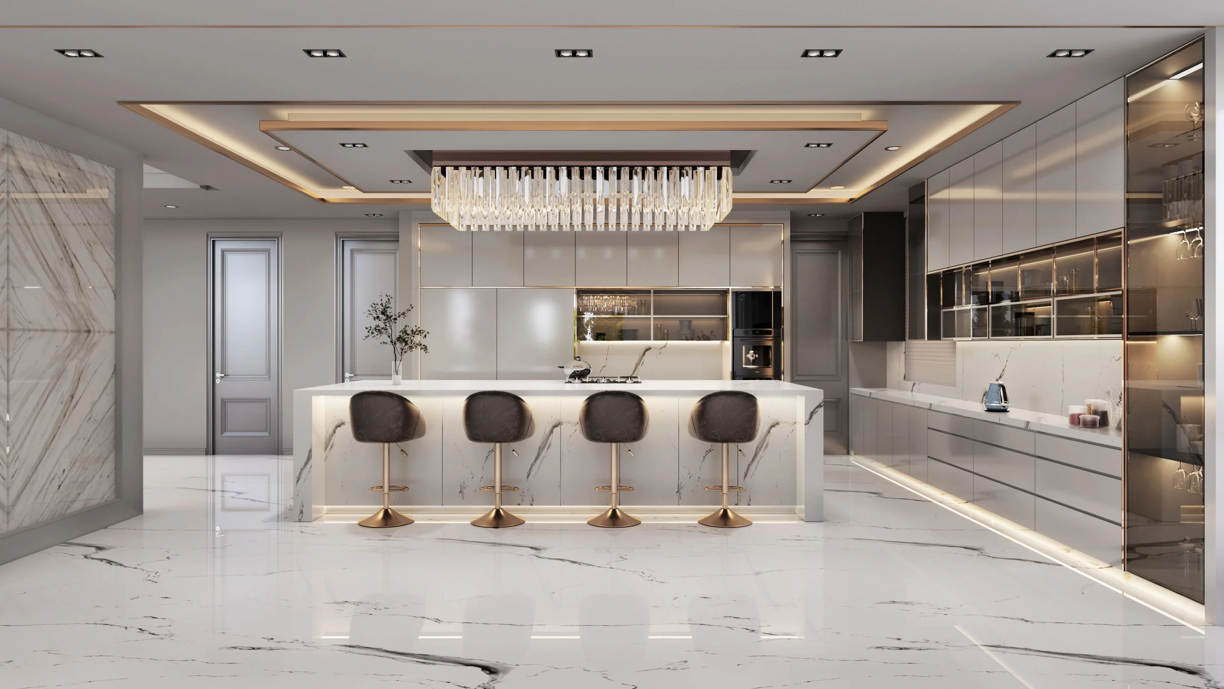 Modern white kitchen with marble island, black bar stools, and sleek cabinetry, illuminated by ceiling lights and a large chandelier.