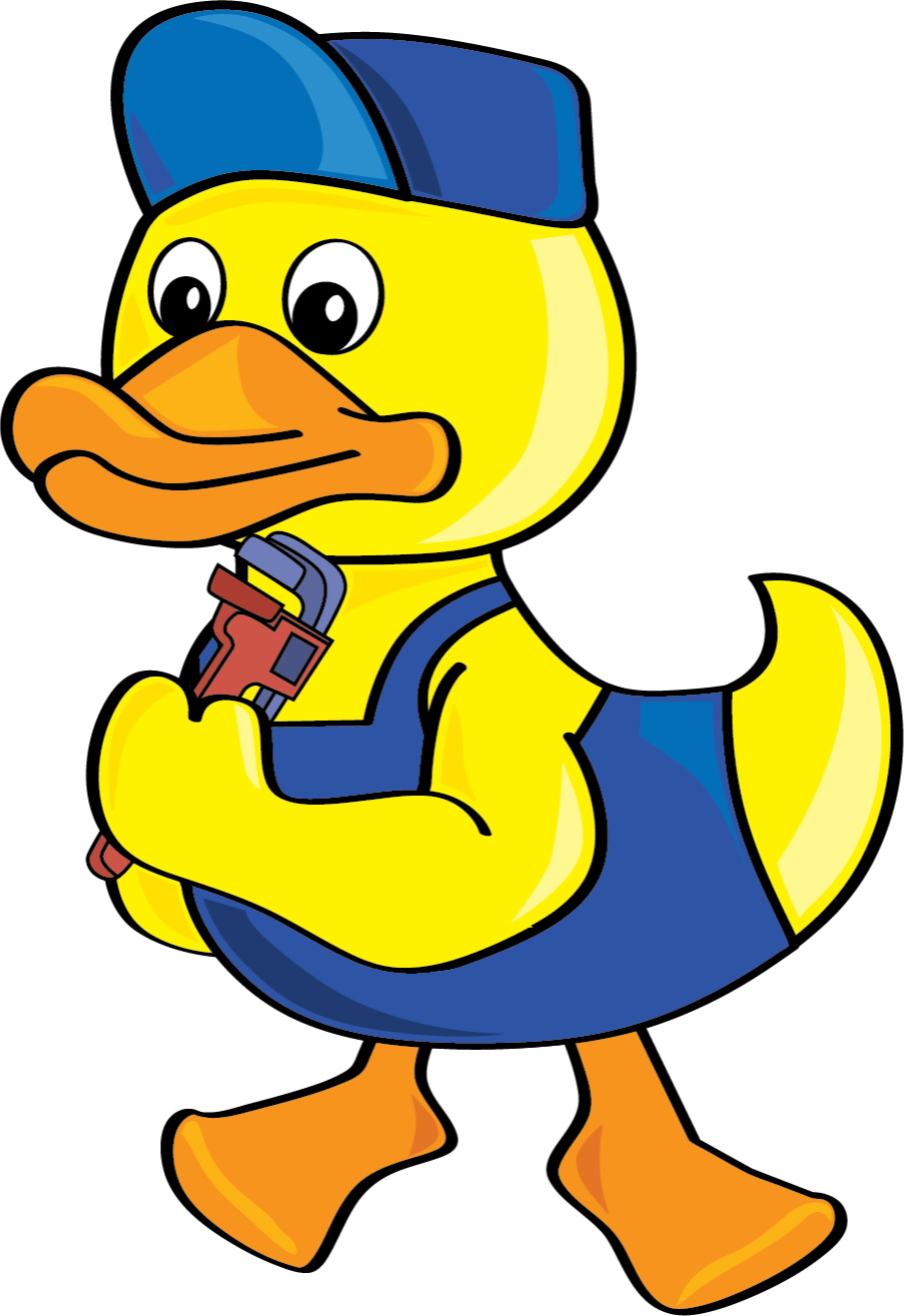A cartoon of a yellow duck wearing a blue uniform, holding a plumber's wrench.
