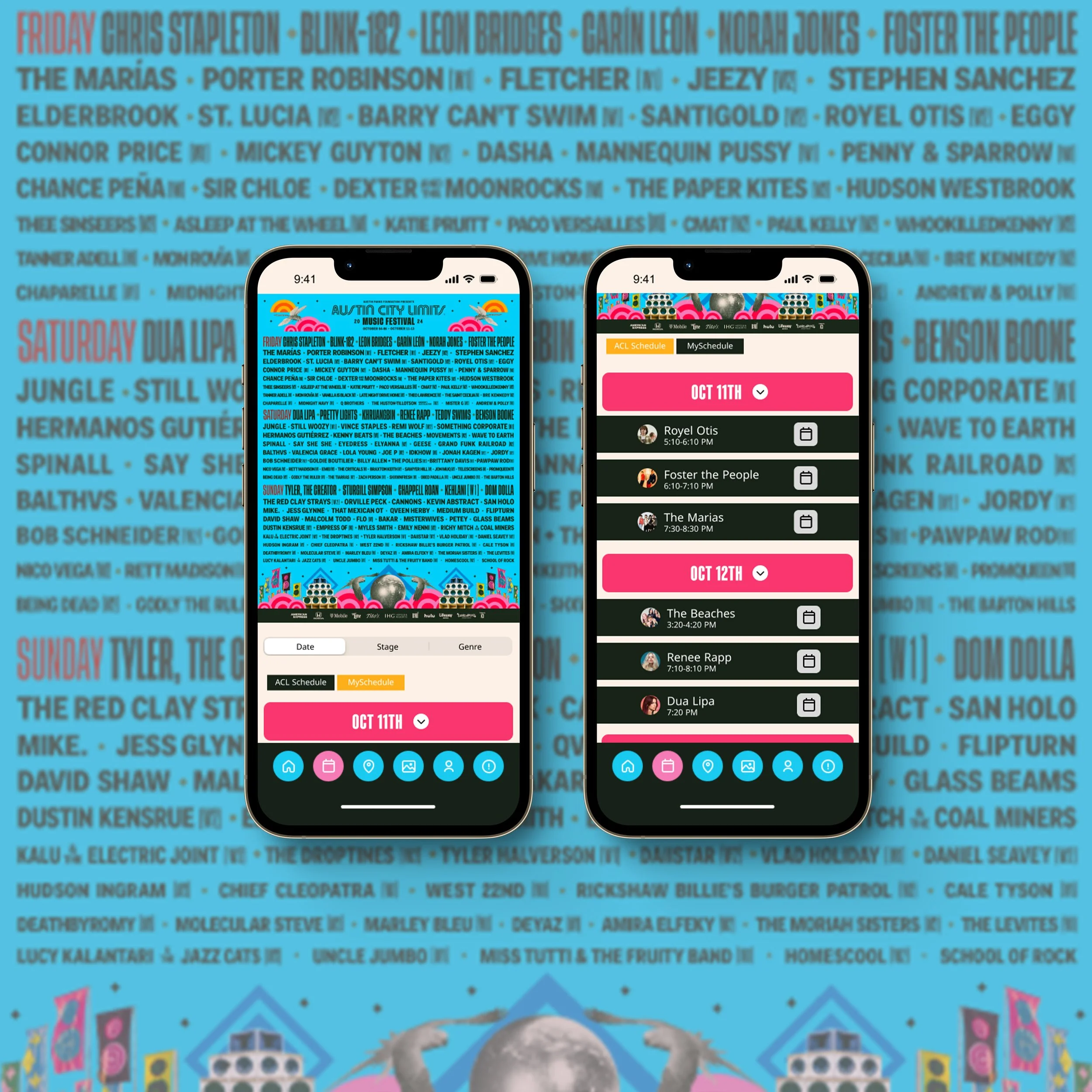 ACL Double Phone Schedule Page Mockup on ACL Schedule Background