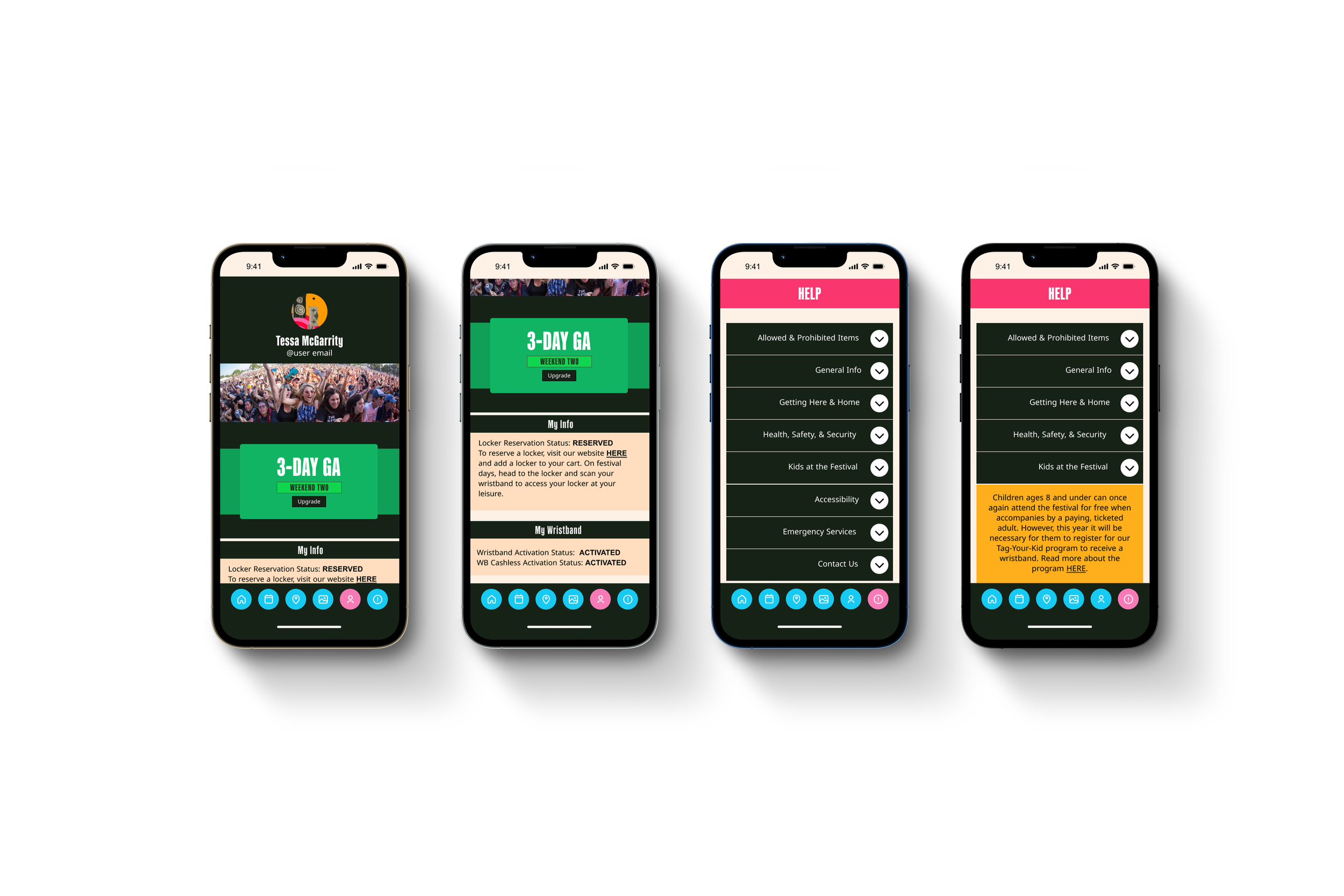 ACL Four Phone Mockup Highlighting Profile and Help Pages, Purple Background