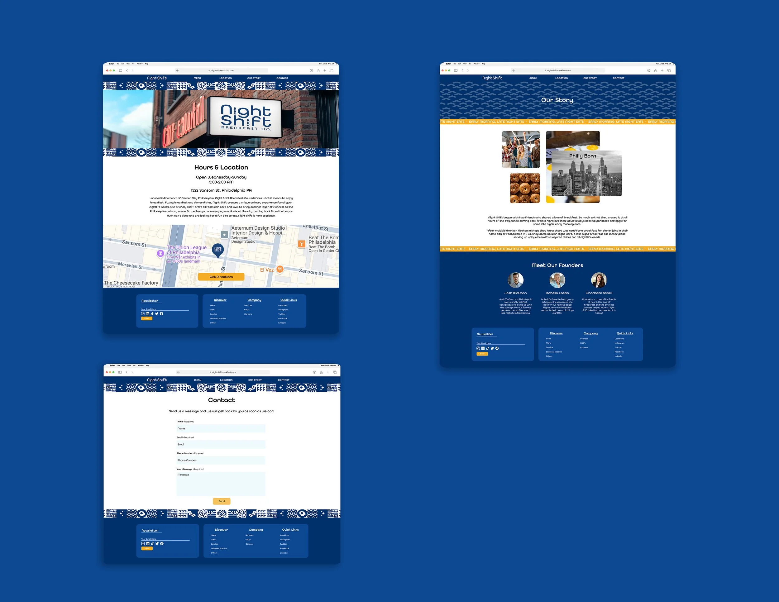 Night Shift Website Hours/Story/Contact Mockup Pages on Blue Background