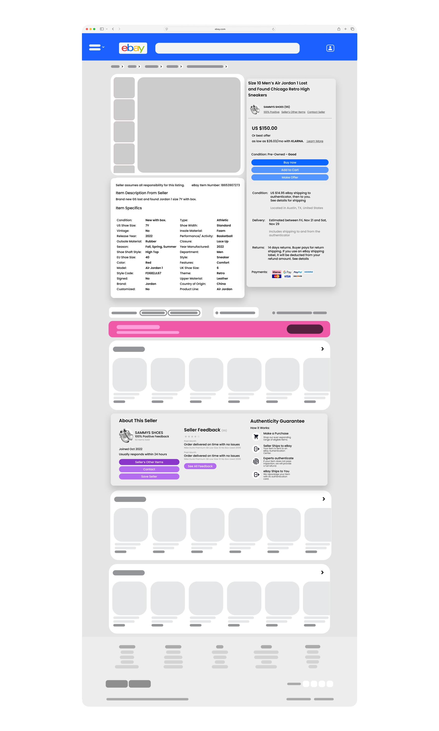 Redesigned ebay product page with highlighted areas showing new layout.