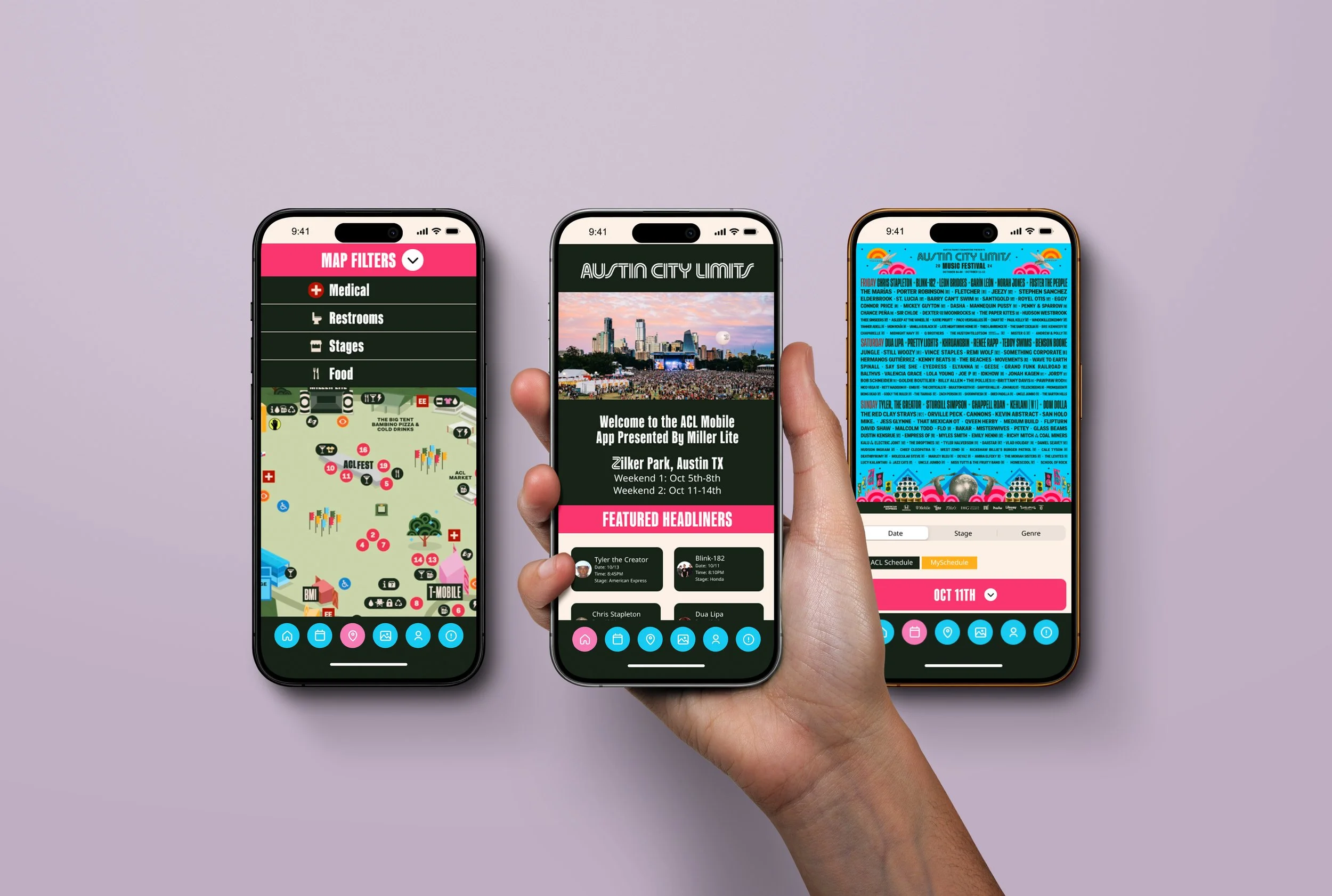 ACL App Home/Map/Schedule Pages Display Mockup on Purple Background