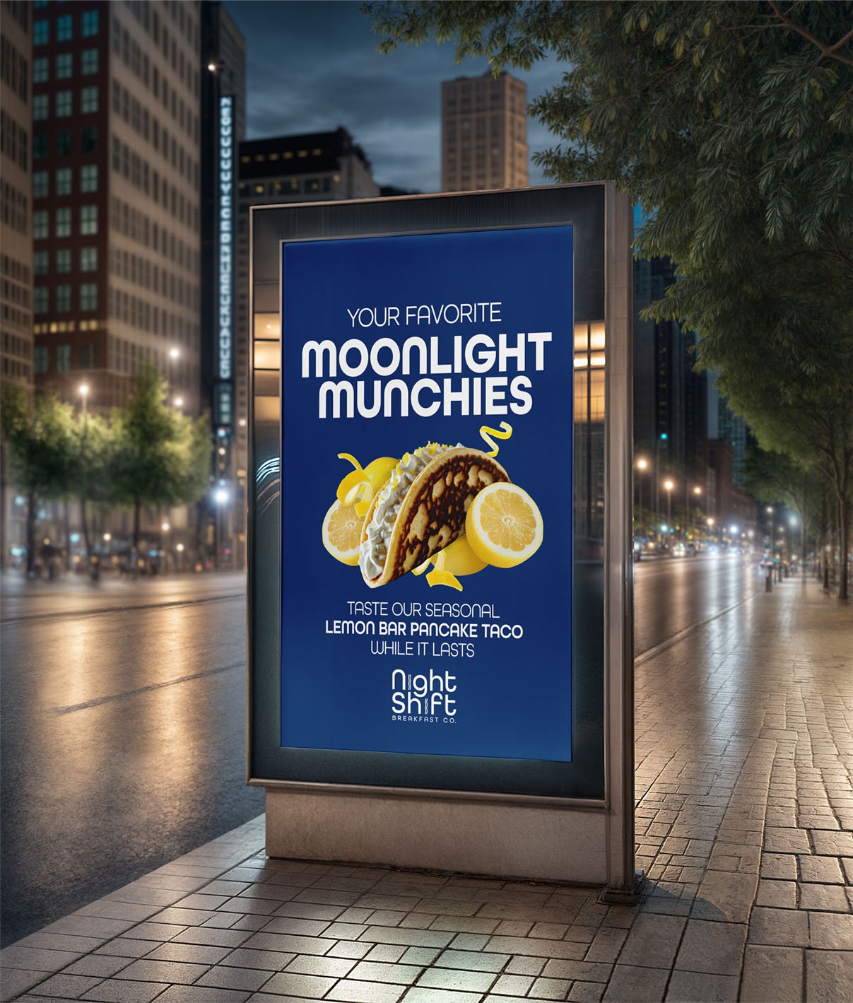 Night Shift Street Screen Advertisement Featuring Seasonal Pancake Tacos