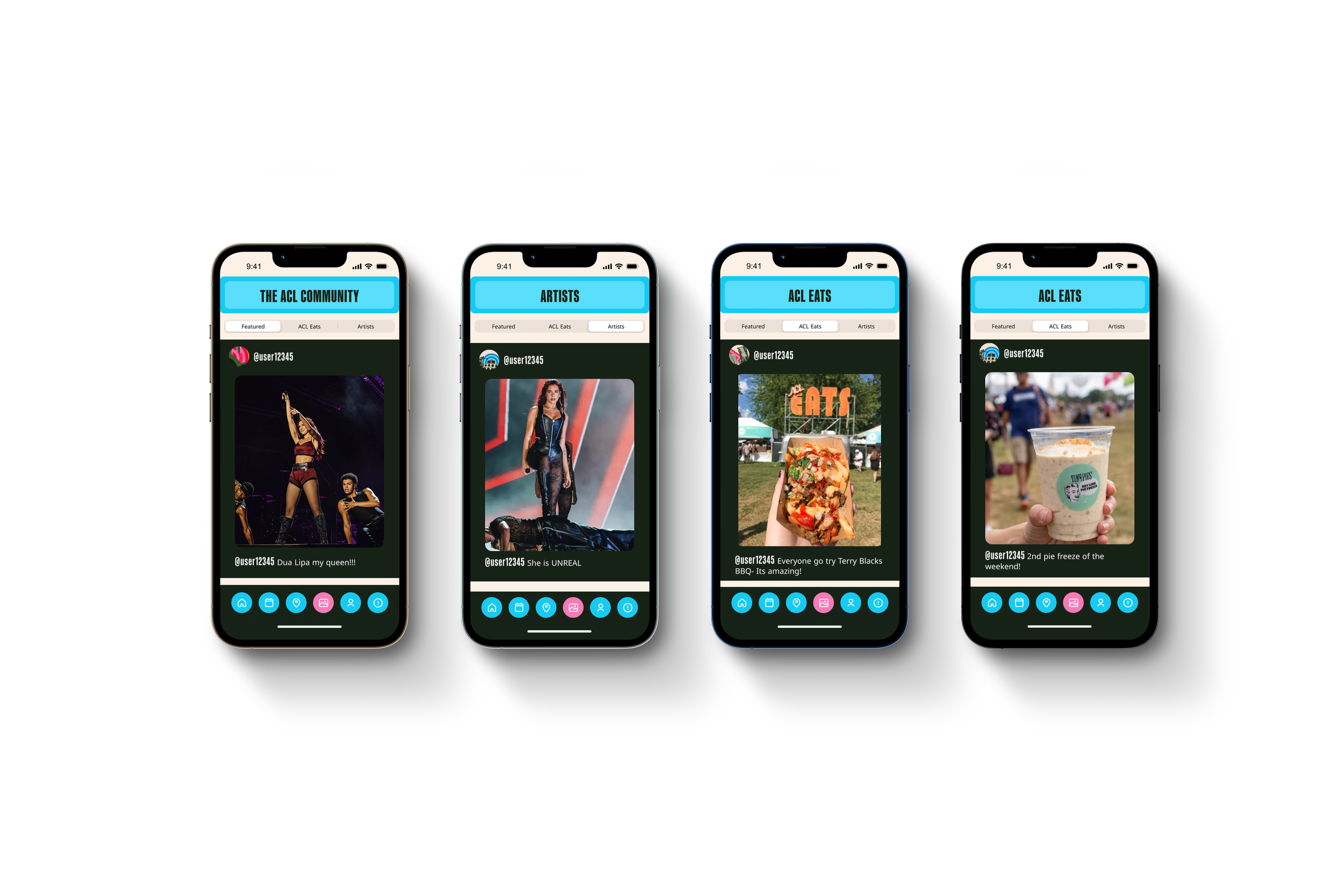 ACL Four Phone Mockup Highlighting Community Features, Purple Background