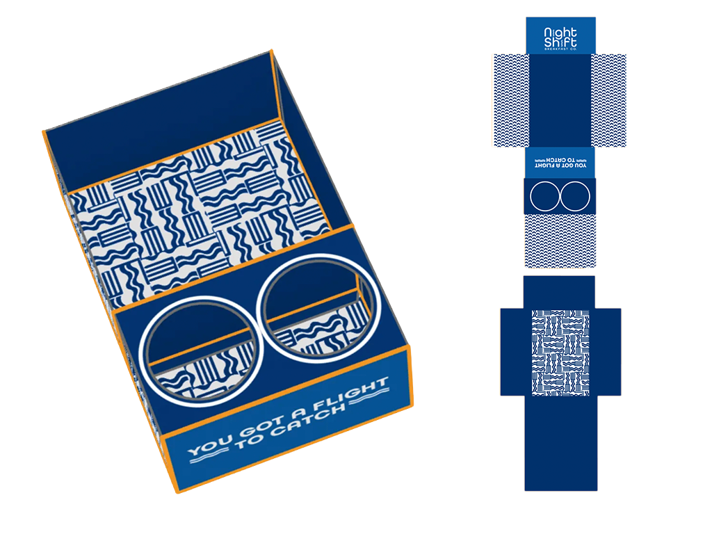 Night Shift Bagel Flight Dyeline Unfolded and Folded on Grey Background.