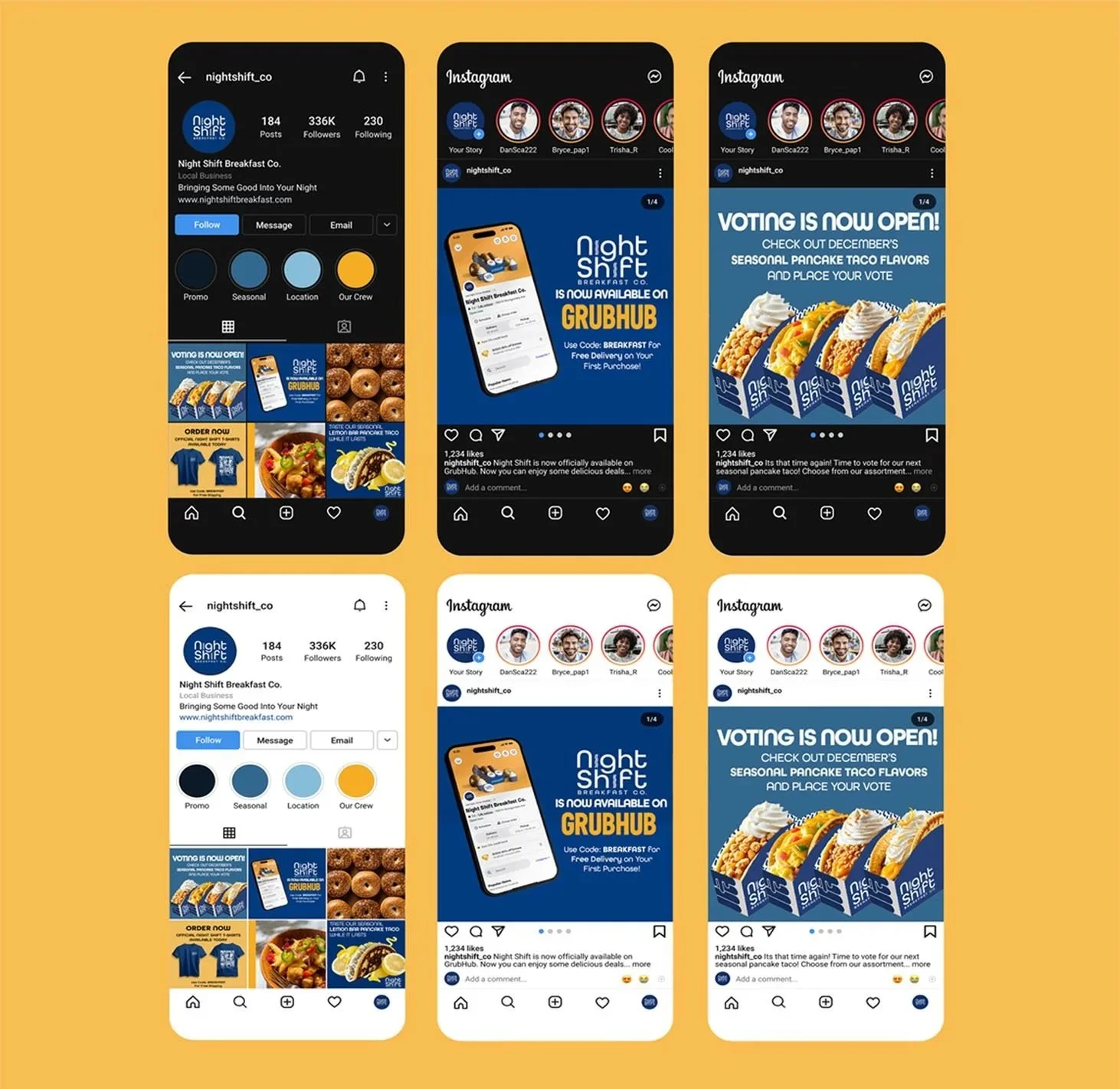 Night Shift Instagram Profile and Posts Display Mockups, Light and Dark Mode