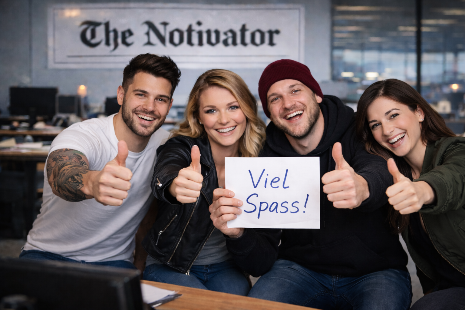 Vier junge Menschen sitzen in einem Büro, lachen und zeigen Daumen hoch. Eine Person hält ein Schild mit dem Schriftzug 'Viel Spass!'. Im Hintergrund ist ein Banner mit der Aufschrift 'The Notivator' zu sehen.