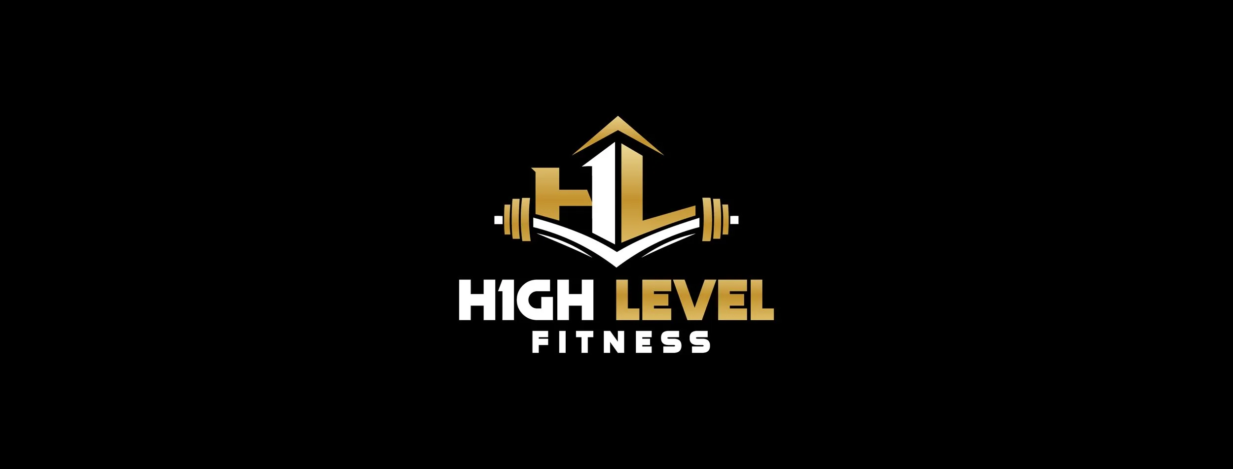 Logo for High Level Fitness with a gold and black color scheme, featuring a stylized barbell, an arrow pointing up, and the text 'High Level Fitness'.
