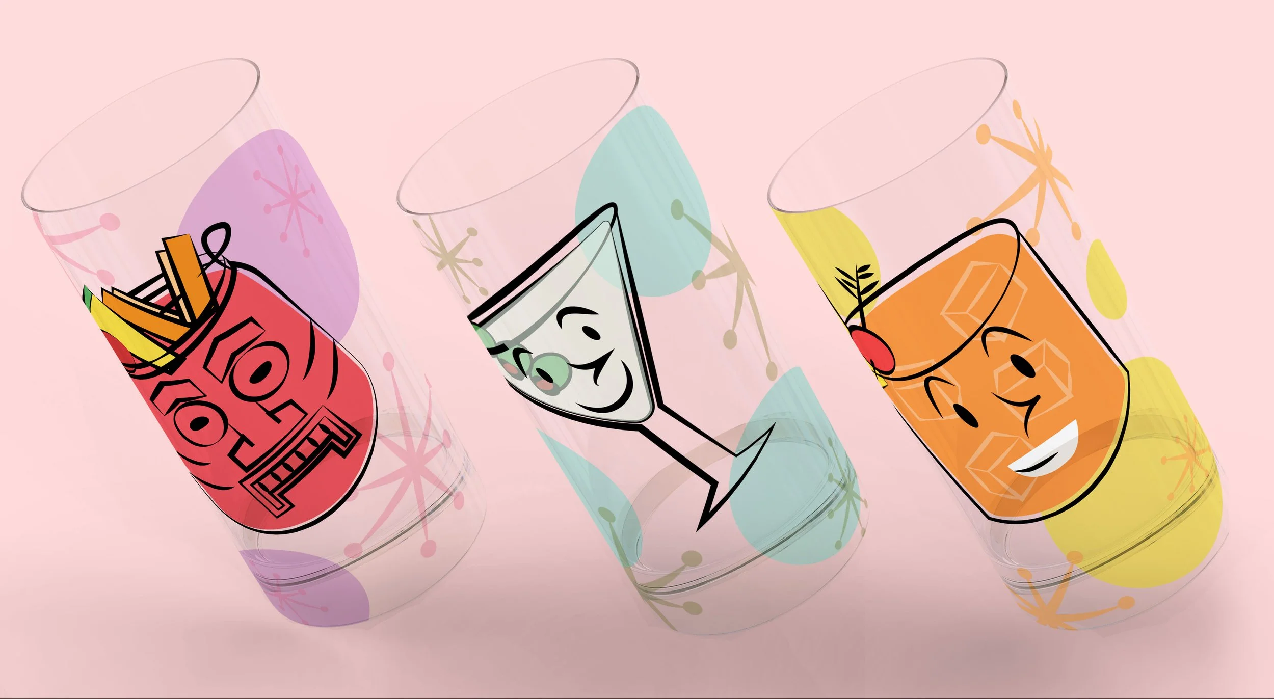 Three tall glasses next to each other with illustrated cocktails on them