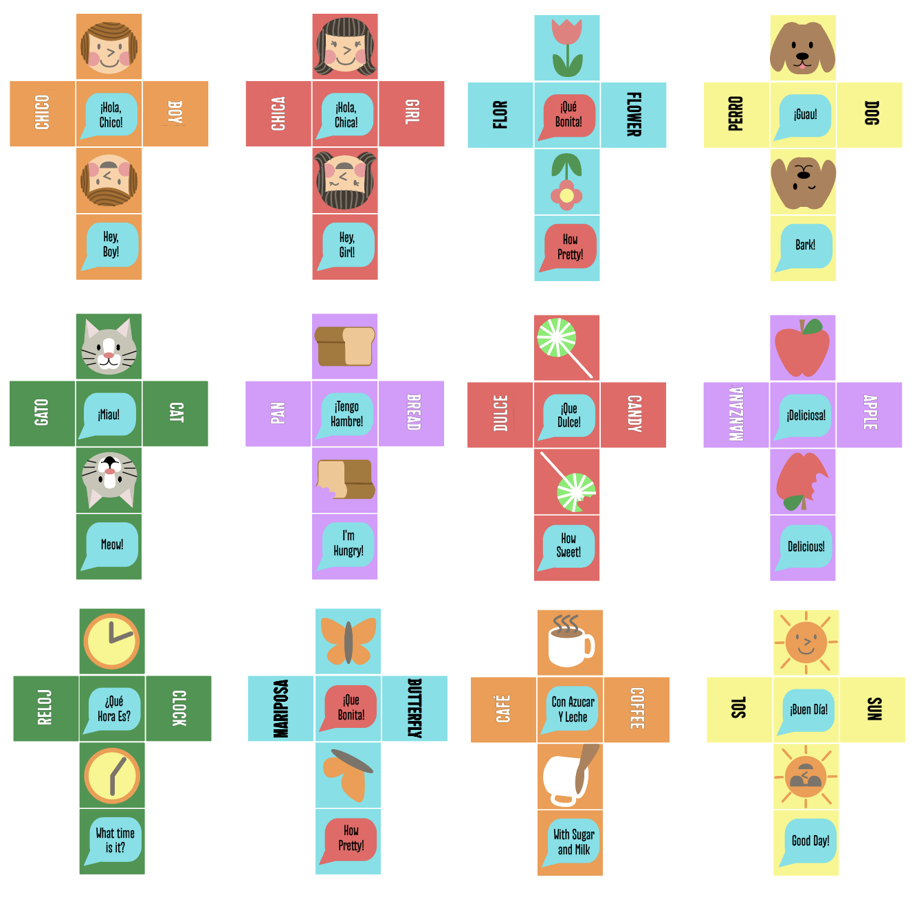 Diecut versions of every block in the set with images and translations on them