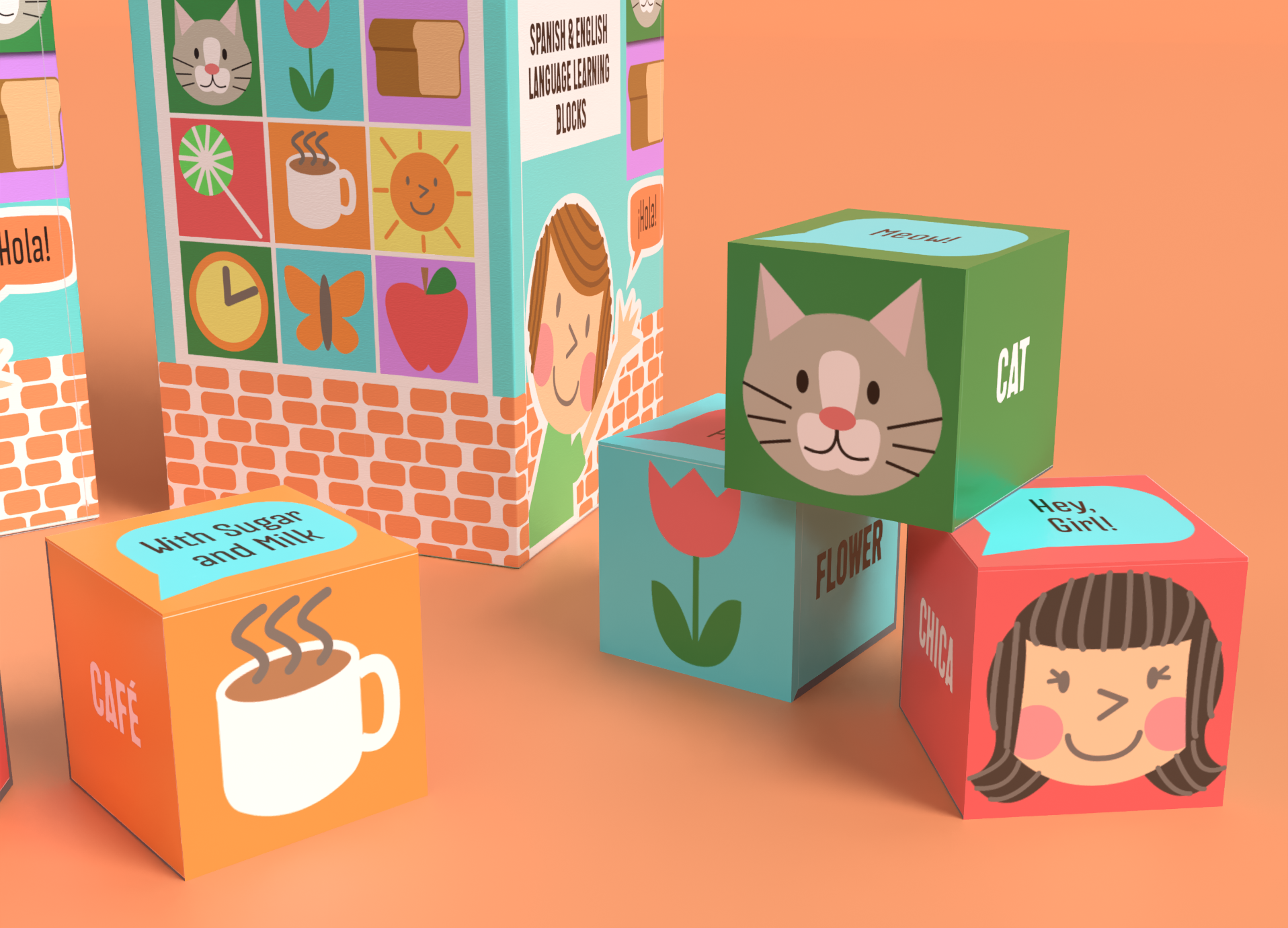 Various blocks, one with a coffee cup, one with a tulip, and one with a girl's face