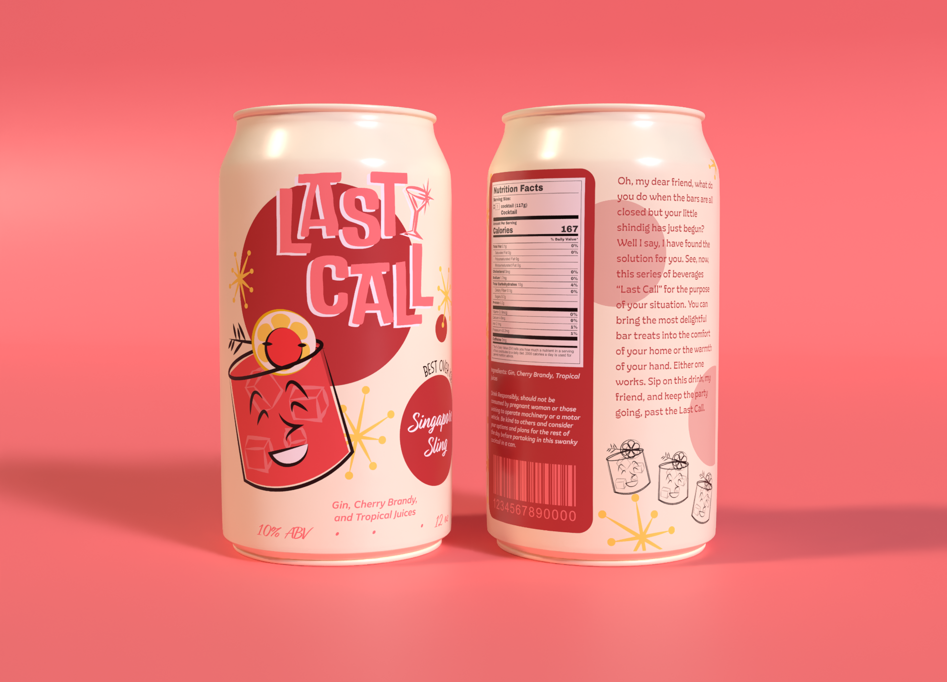 Mockup featuring the front and back of a can that reads "Last Call" and "Singapore Sling"