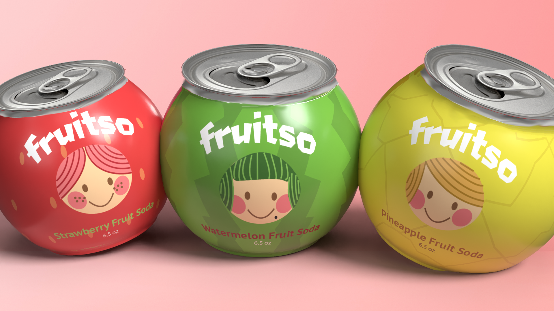 3 spherical cans with different fruit patterns on them and smiley faces, positioned next to eachother