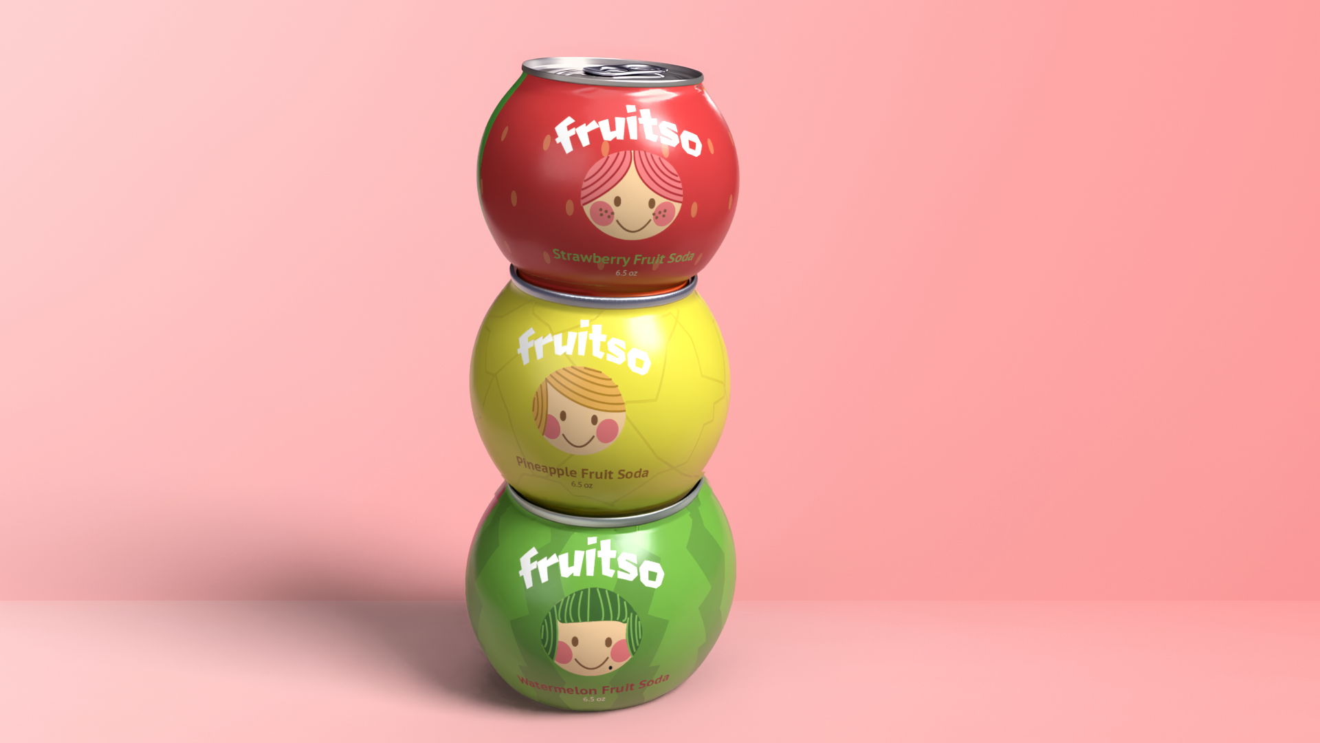 3 spherical cans with various fruit patterns and smiley faces stacked on top of eachother