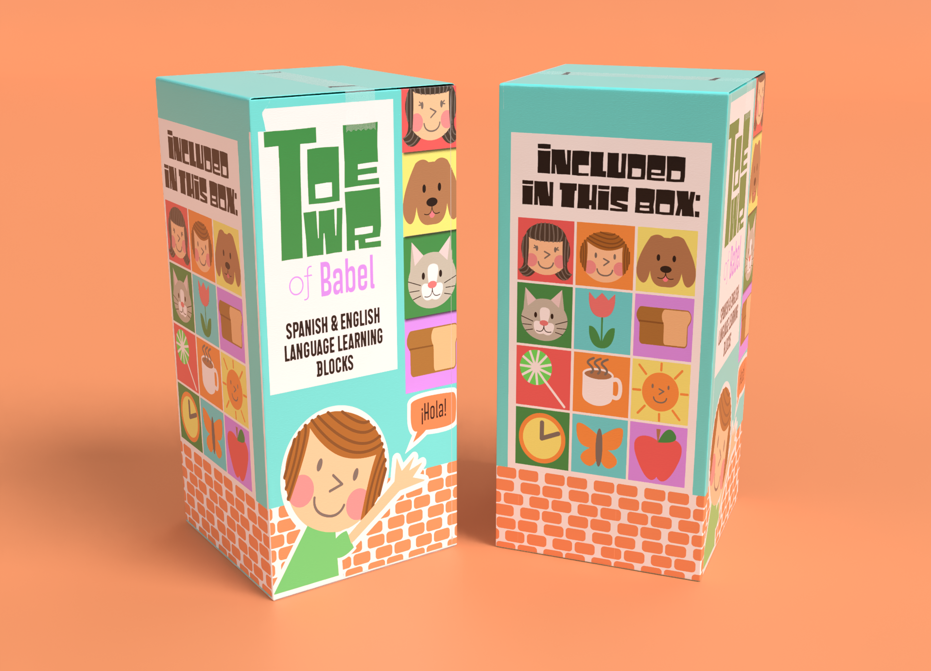 Vertical box with several colorful icons on it, reads "Tower of Babel- Spanish & English Language Learning Blocks"