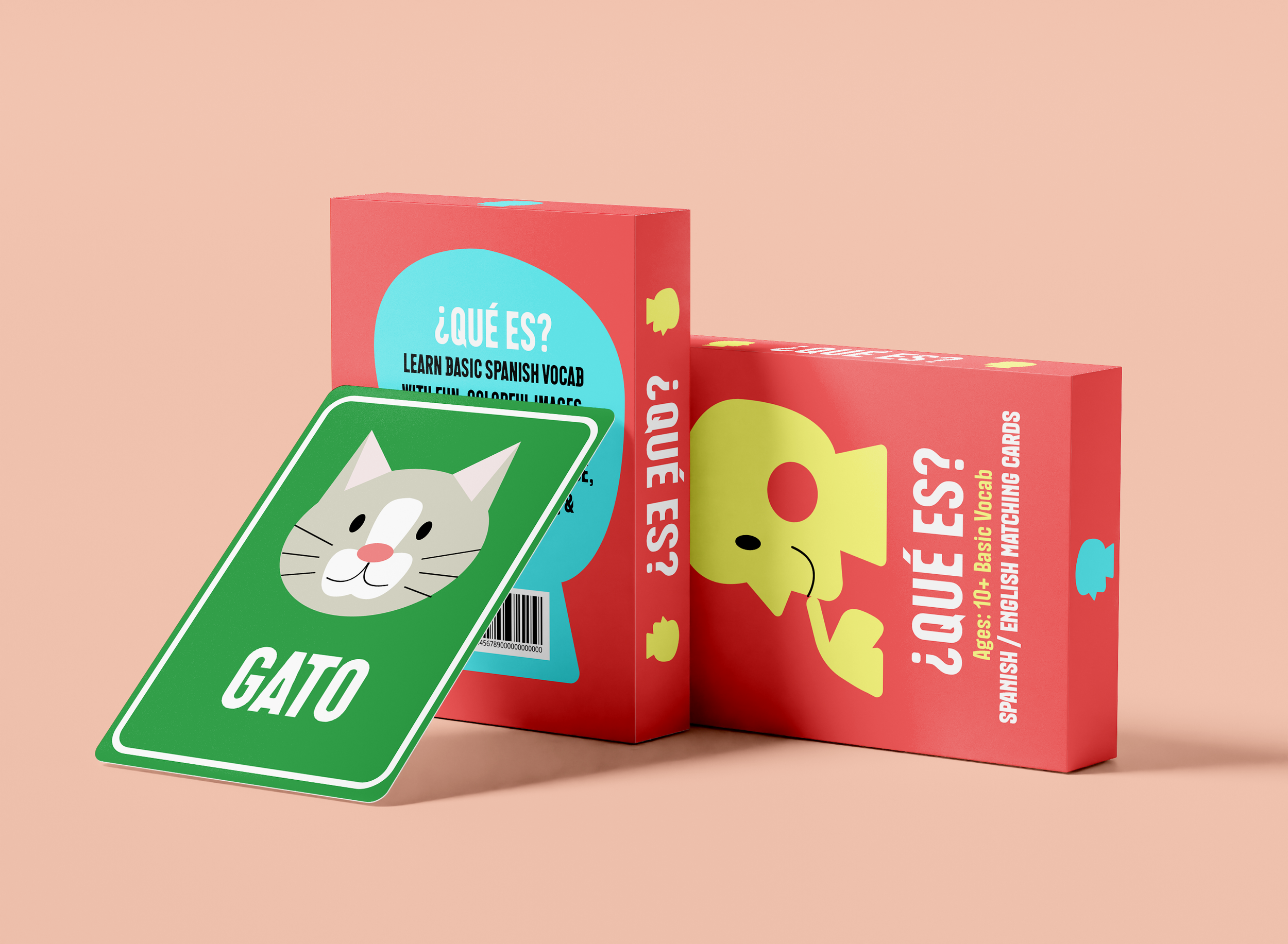"Que Es?" card box with a card with a cat on it that reads "Gato"