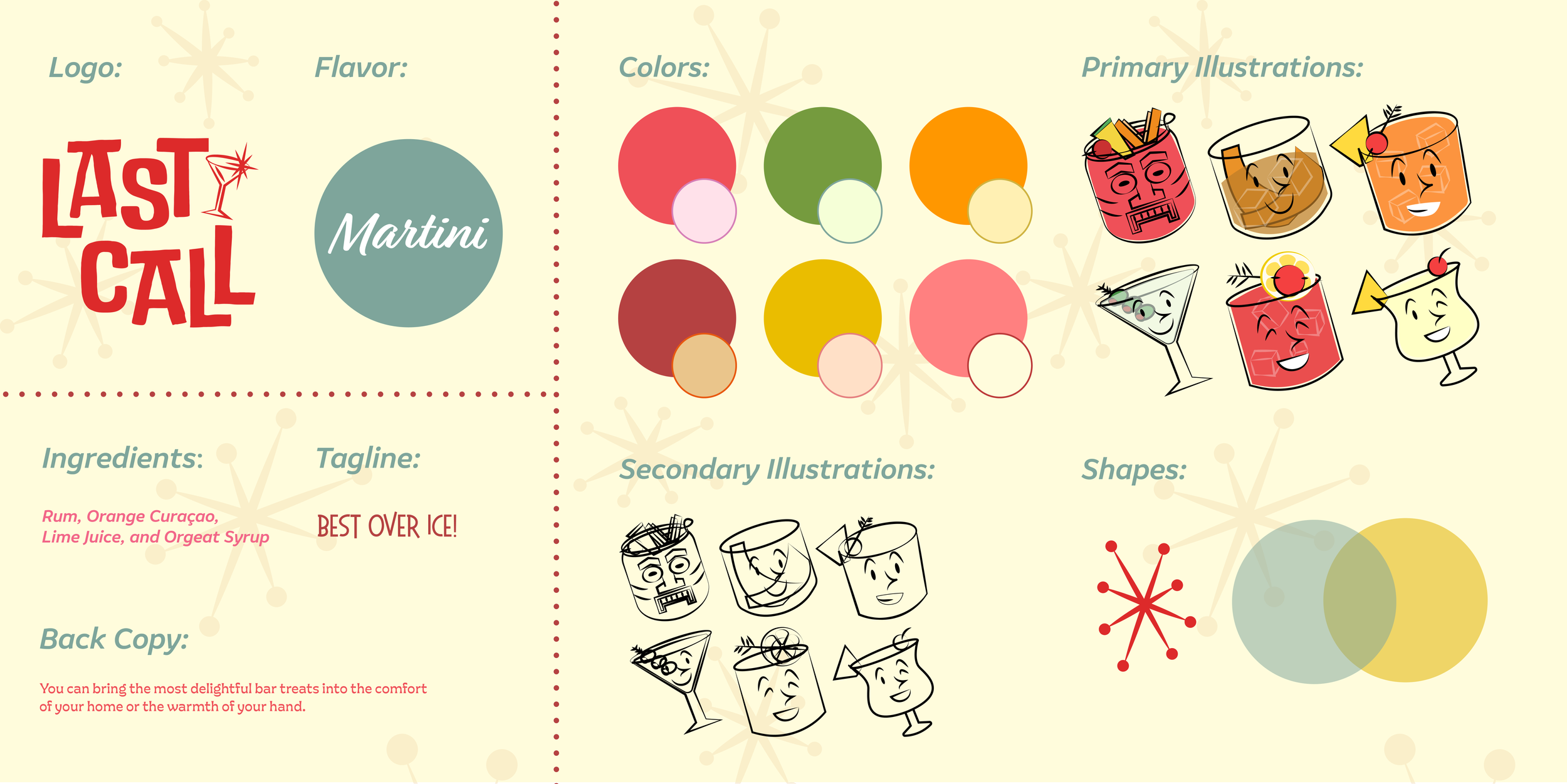 Brand guidelines for "Last Call" featuring fonts, colors, and illustrations used on the cans