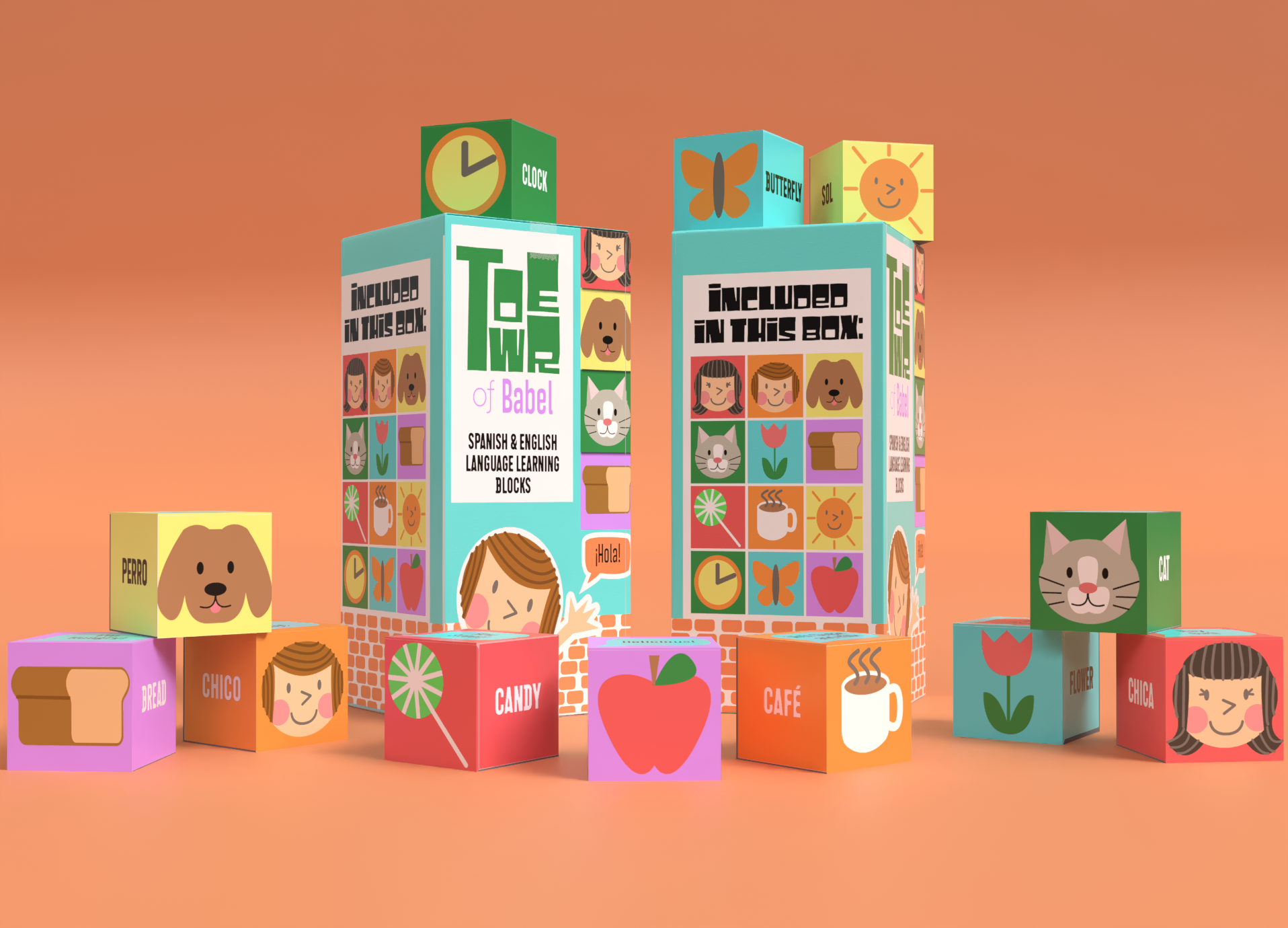 "Tower of Babel" box with scattered blocks that have various object images on them