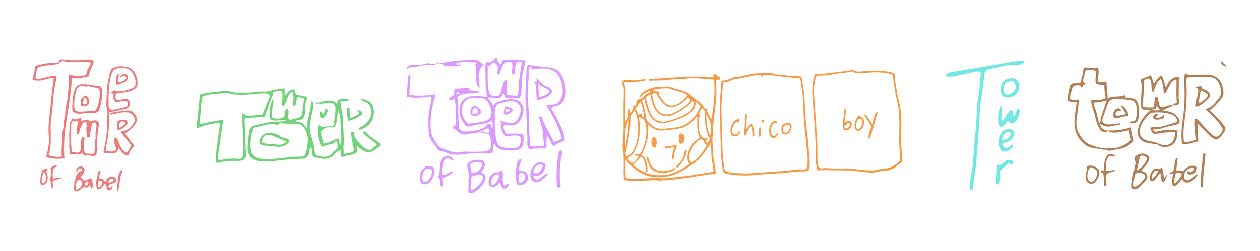 Several rough sketches that read "Tower of Babel"