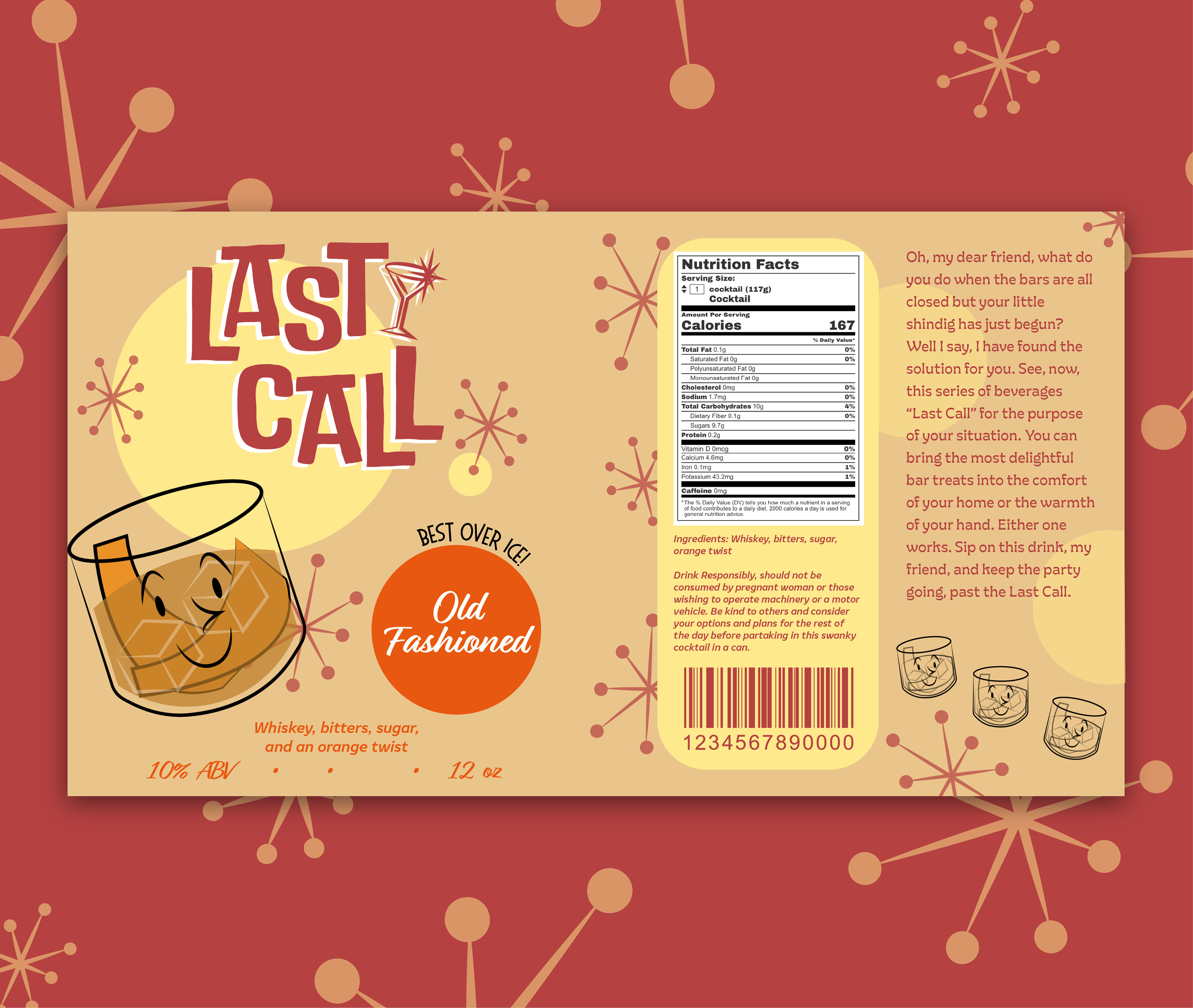 Flat beverage can label for a "Last Call" old fashioned, featuring a patterned background with jacks on it