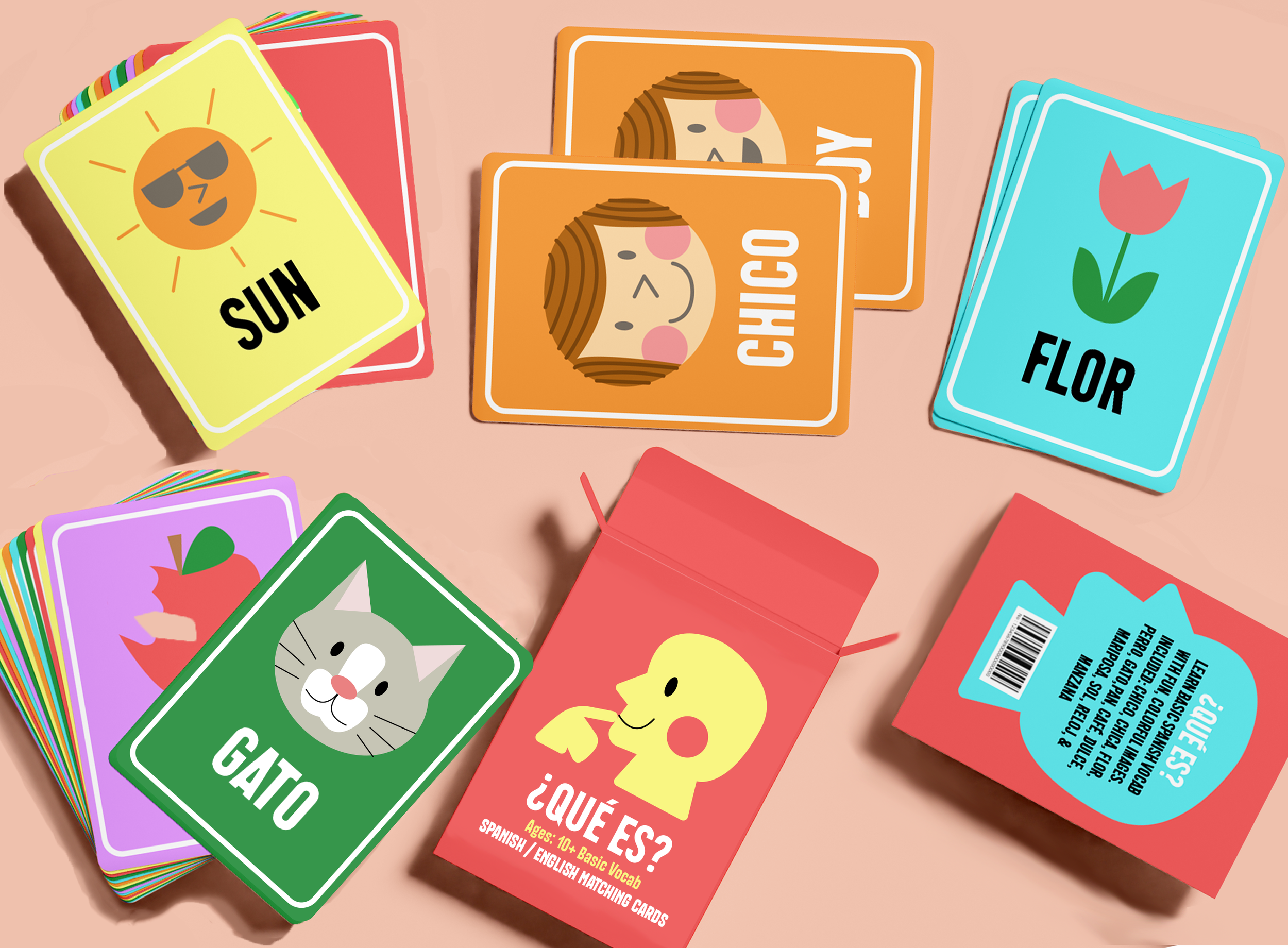 Deck of cards with box that have assorted images and Spanish/English words on them, box reads "Que Es?"