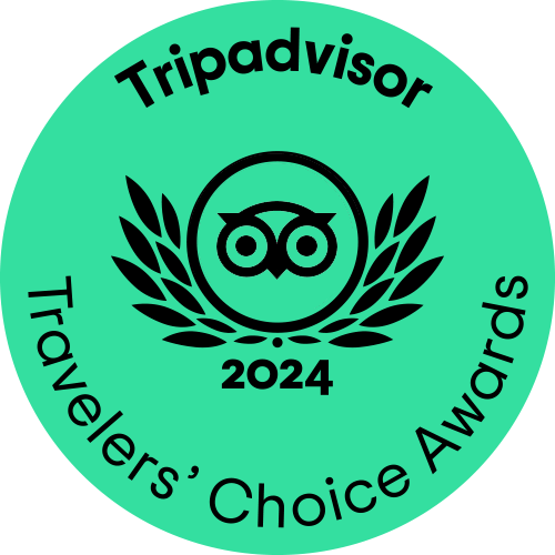 Logotipo de los premios Travelers' Choice 2024 de TripAdvisor con un búho en el centro y hojas decorativas
