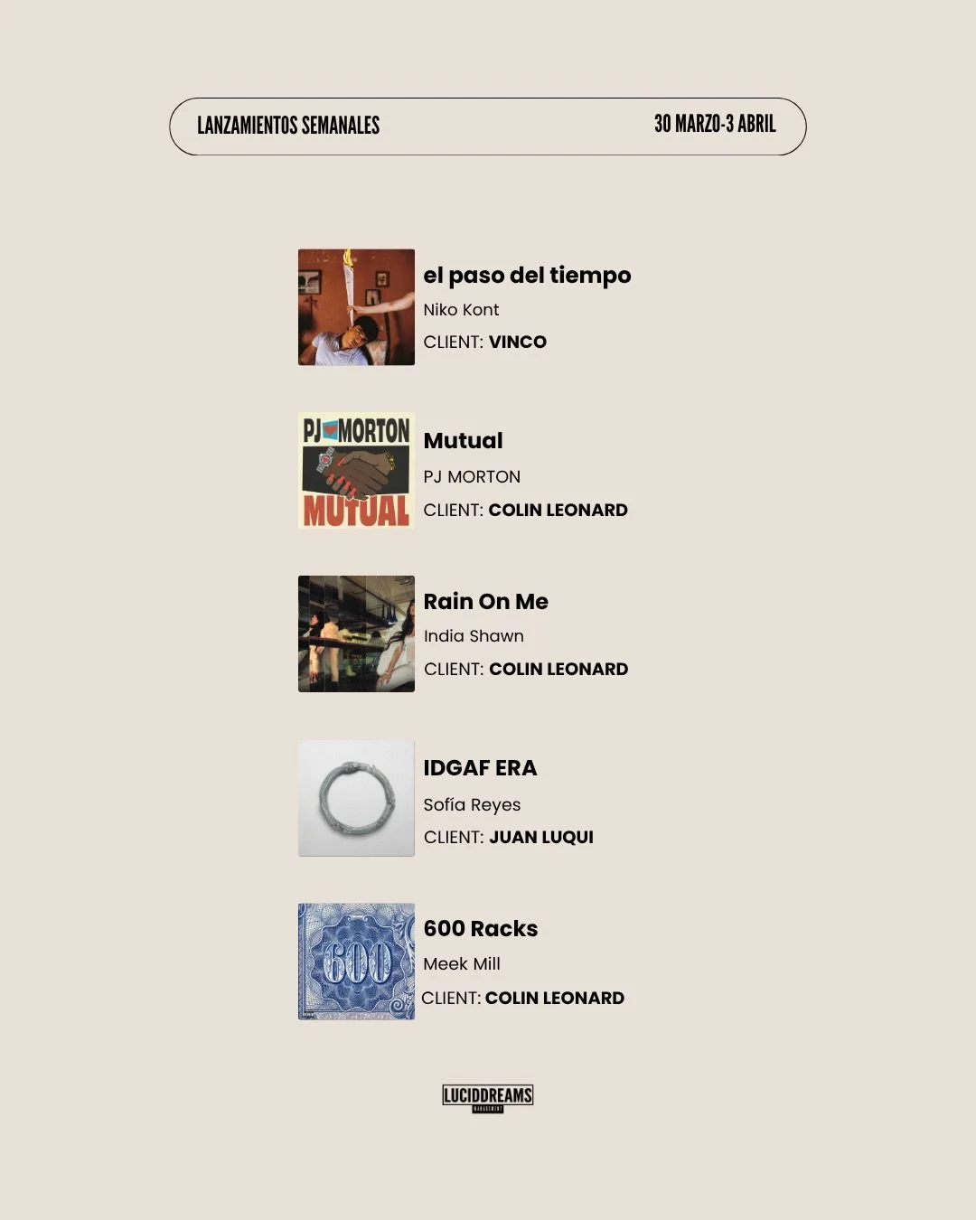 Felicitamos a nuestros clientes por los lanzamientos de esta semana 👏🏼

@vinco_ 
particip&oacute; como Productor y Co-Escritor en el single &ldquo;el paso del tiempo&rdquo; de @nikokont

@juanxluqui
Particip&oacute; como Productor en el single &ldq