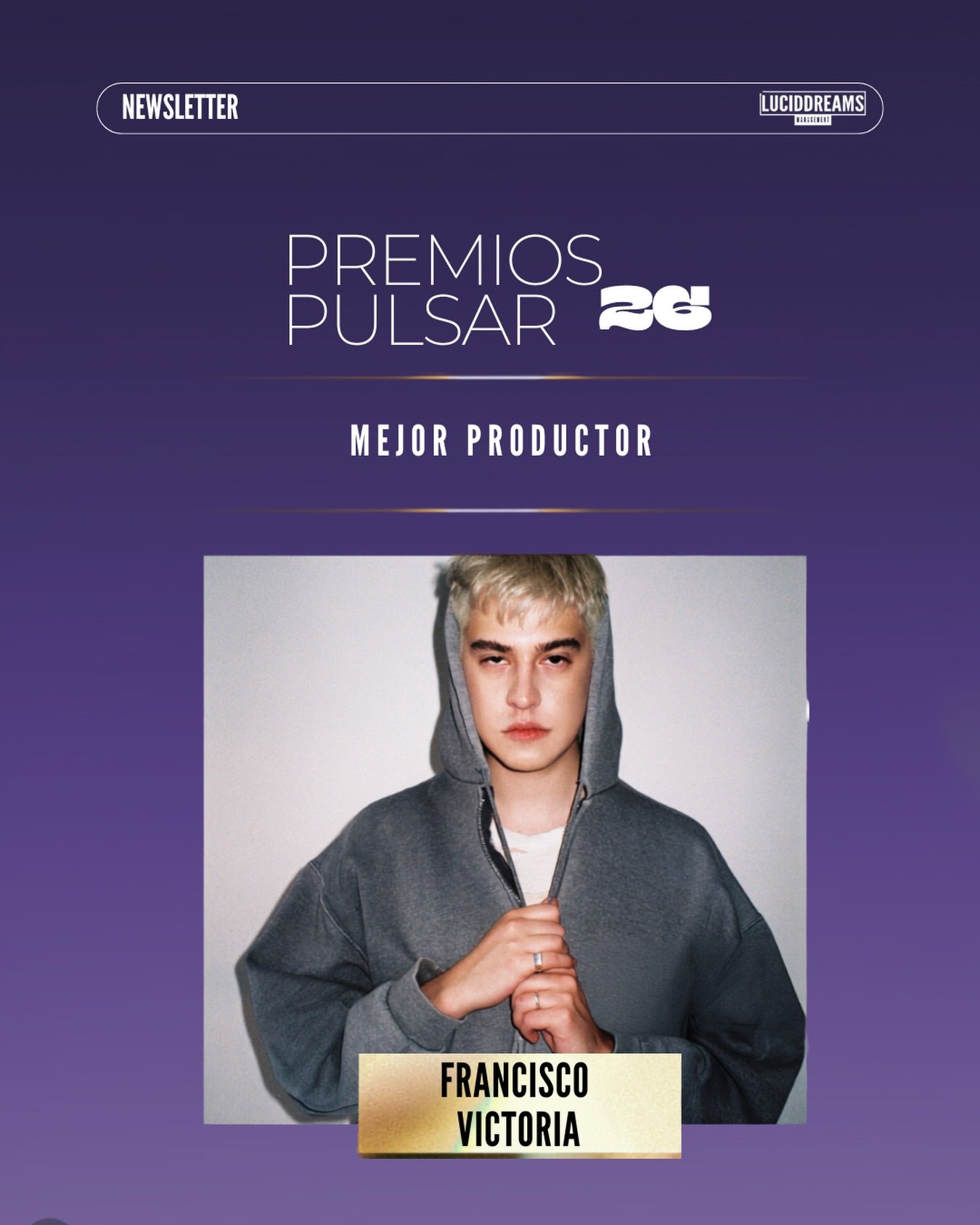 Felicitamos a nuestro cliente @frvnciscovictoria por ganar a Mejor productor en los Premios Pulsar 2026, un logro que reconoce su gran trabajo y aporte a la m&uacute;sica 👏🏼🎶