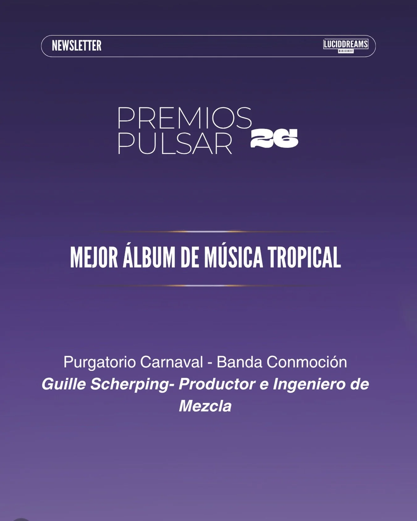 Felicitamos a nuestro cliente @guillescherping por su participaci&oacute;n como Productor e Ingeniero de Mezcla en el &aacute;lbum &ldquo;Purgatorio Carnaval&rdquo; de @bandaconmocion , obra ganadora del premio a Mejor &Aacute;lbum Tropical en los Pr