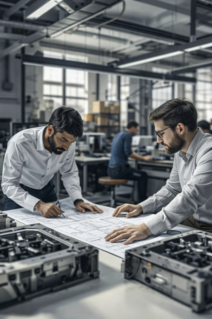 Due ingegneri stanno analizzando un disegno tecnico su un tavolo di lavoro in un laboratorio di tecnologia.