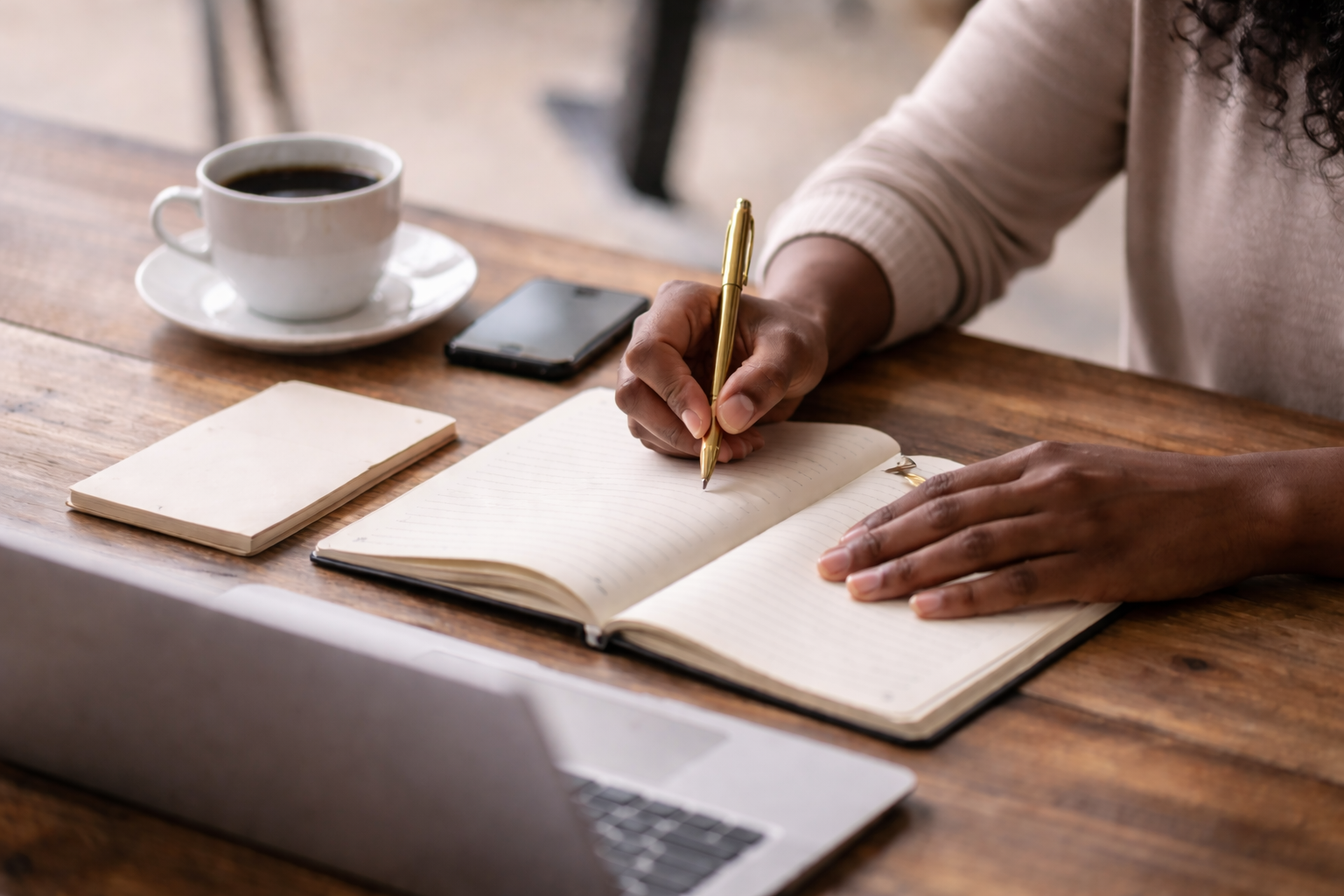 Person writing in a lined notebook with a gold pen at a wooden table, with a cup of coffee, a smartphone, a closed notebook, and a laptop in view.