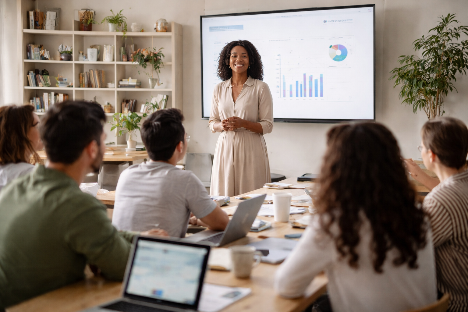 A woman giving a presentation to a group of people in a conference room with a large monitor displaying charts and graphs.
