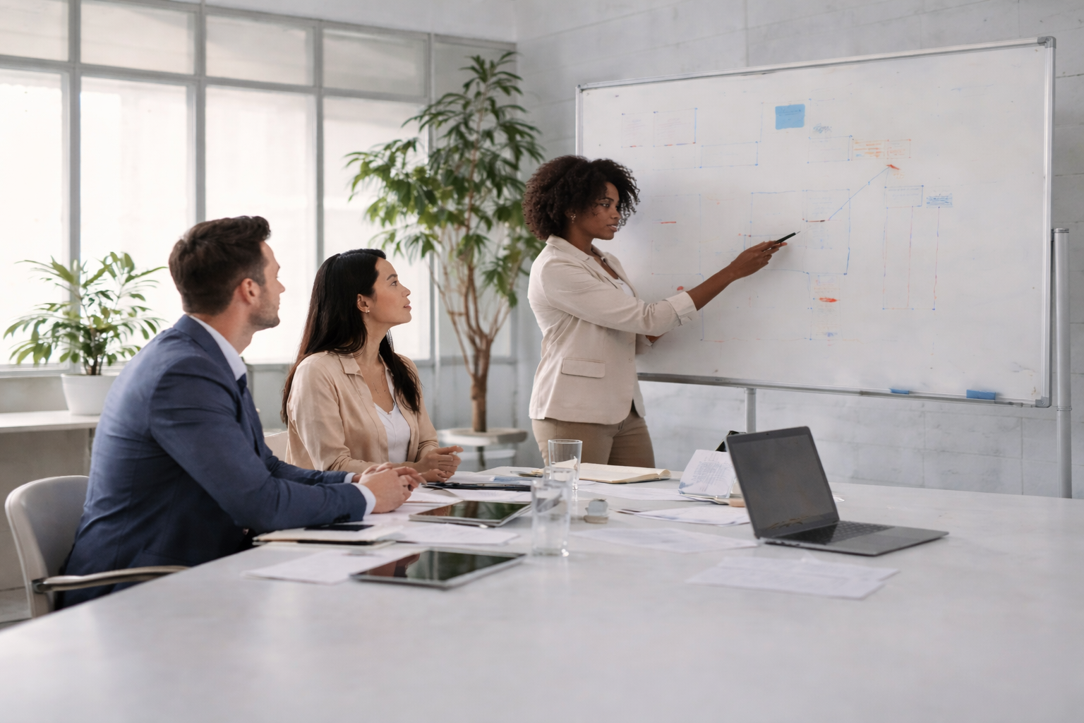 Businesswoman giving a presentation to two colleagues in a meeting room with whiteboard and tablets.