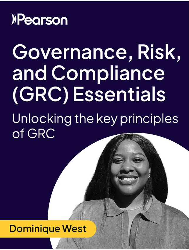 Book cover titled 'Governance, Risk, and Compliance (GRC) Essentials: Unlocking the key principles of GRC' by Dominique West, with a black and white photo of a smiling woman with long hair, wearing a collared shirt, on a dark purple background with yellow highlight for the author's name.