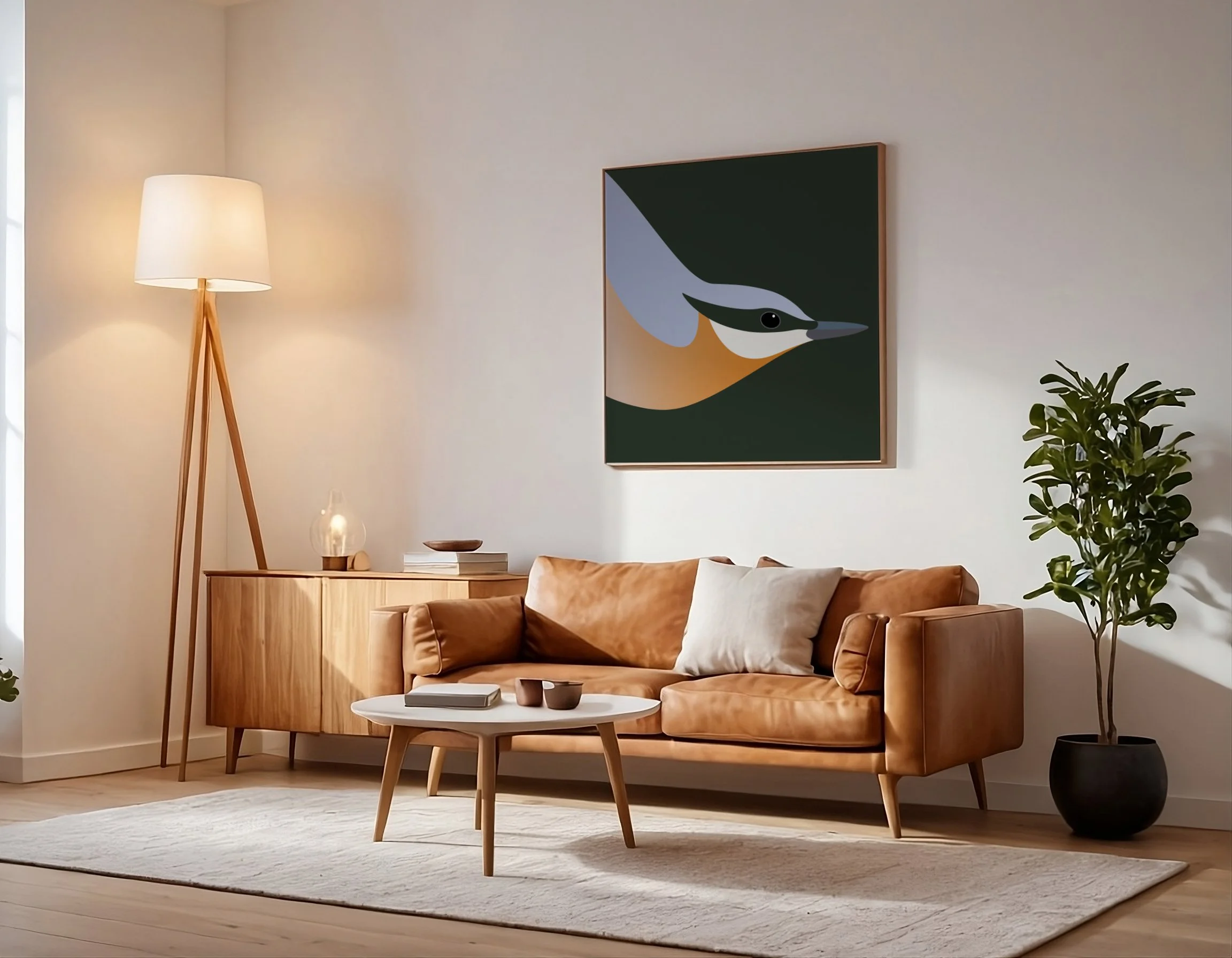 Cozy living room with a tan leather sofa, a wooden sideboard, a white round coffee table with books and cups, a tall wooden floor lamp, a green potted plant, a modern abstract art piece on the wall, and a light-colored rug.